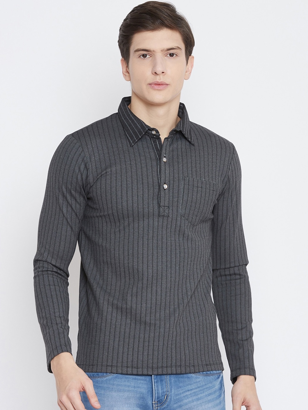

armure Men Charcoal Grey Striped Polo Collar T-shirt