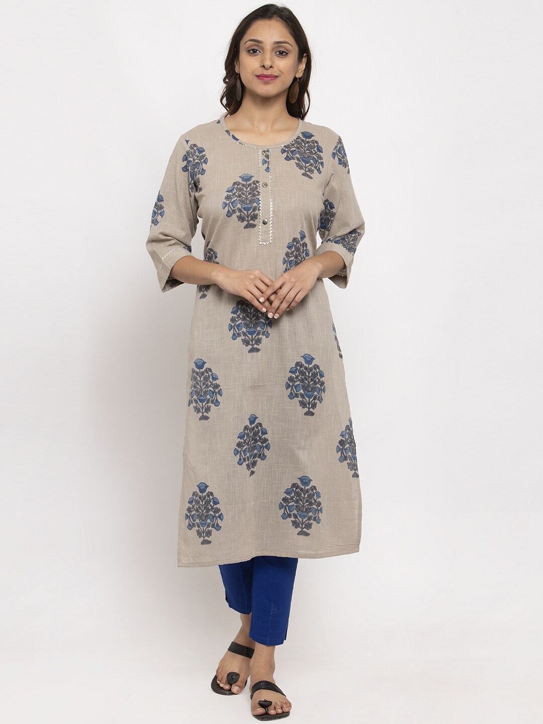 

TAG 7 Women Taupe & Blue Floral Printed Straight Kurta