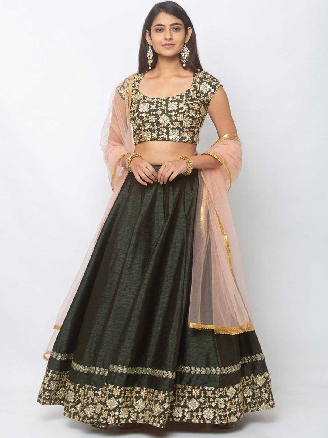 

6Y COLLECTIVE Green & Pink Embroidered Ready to Wear Lehenga & Unstitched Blouse with Dupatta