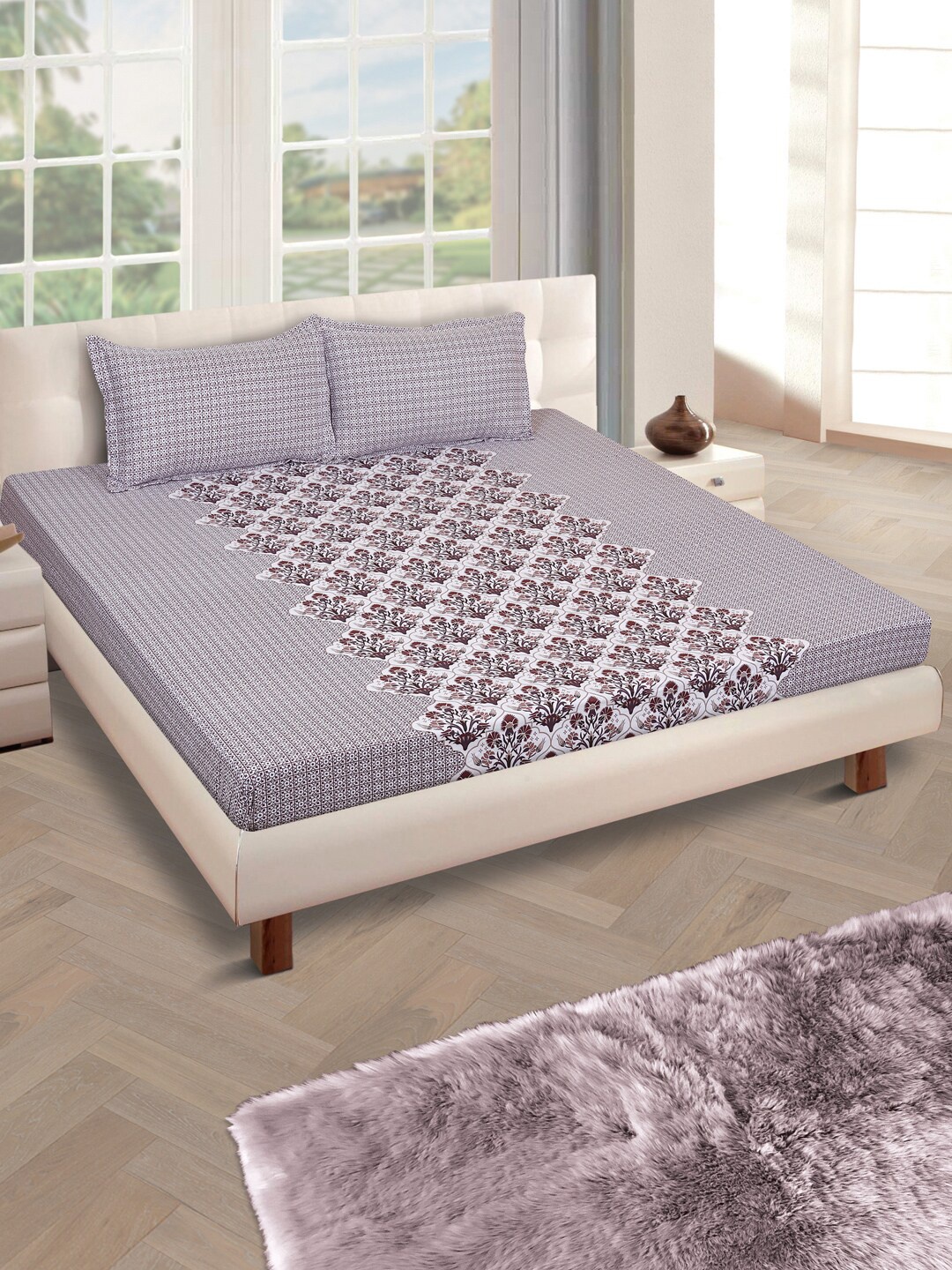 

ROMEE White & Brown Floral 160 TC Cotton 1 Queen Bedsheet with 2 Pillow Covers