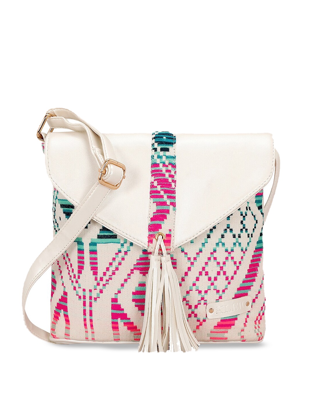 

KLEIO Women Jacquard Weave Sling Bag With Tassel Detail, White