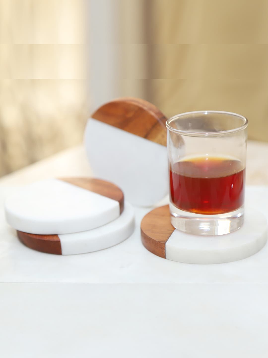 

NikkisPride Set Of 4 White & Brown Marble Wooden Coasters