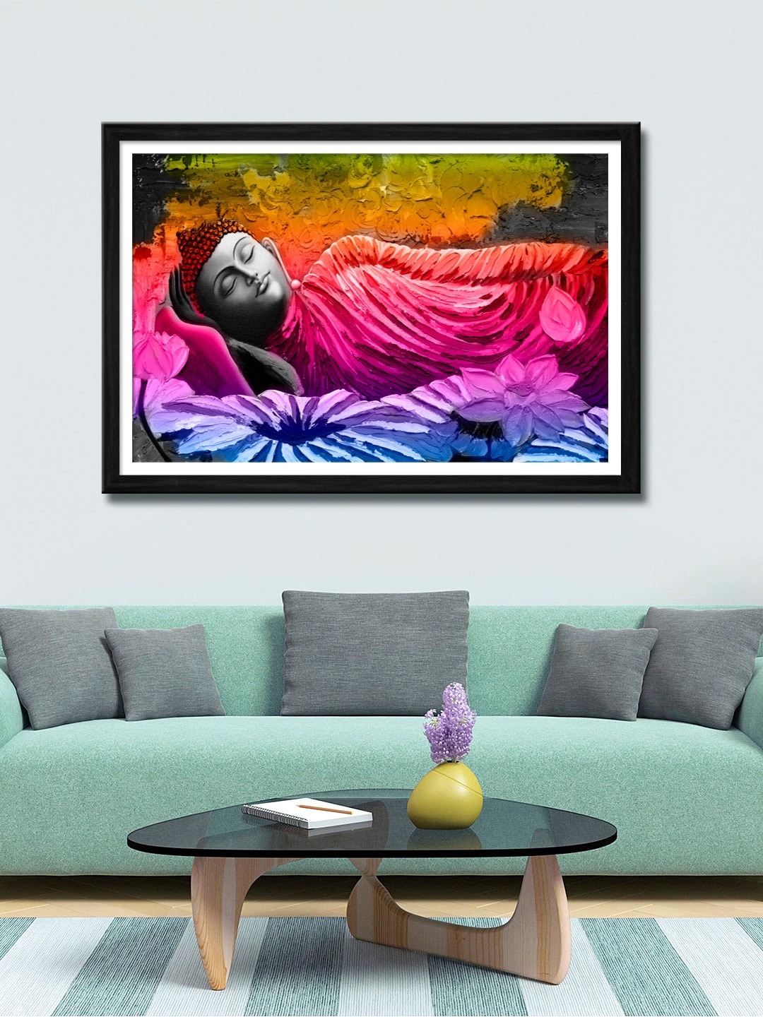 

999Store Pink & Blue Meditating Lord Buddha & Flowers Canvas Wall Art