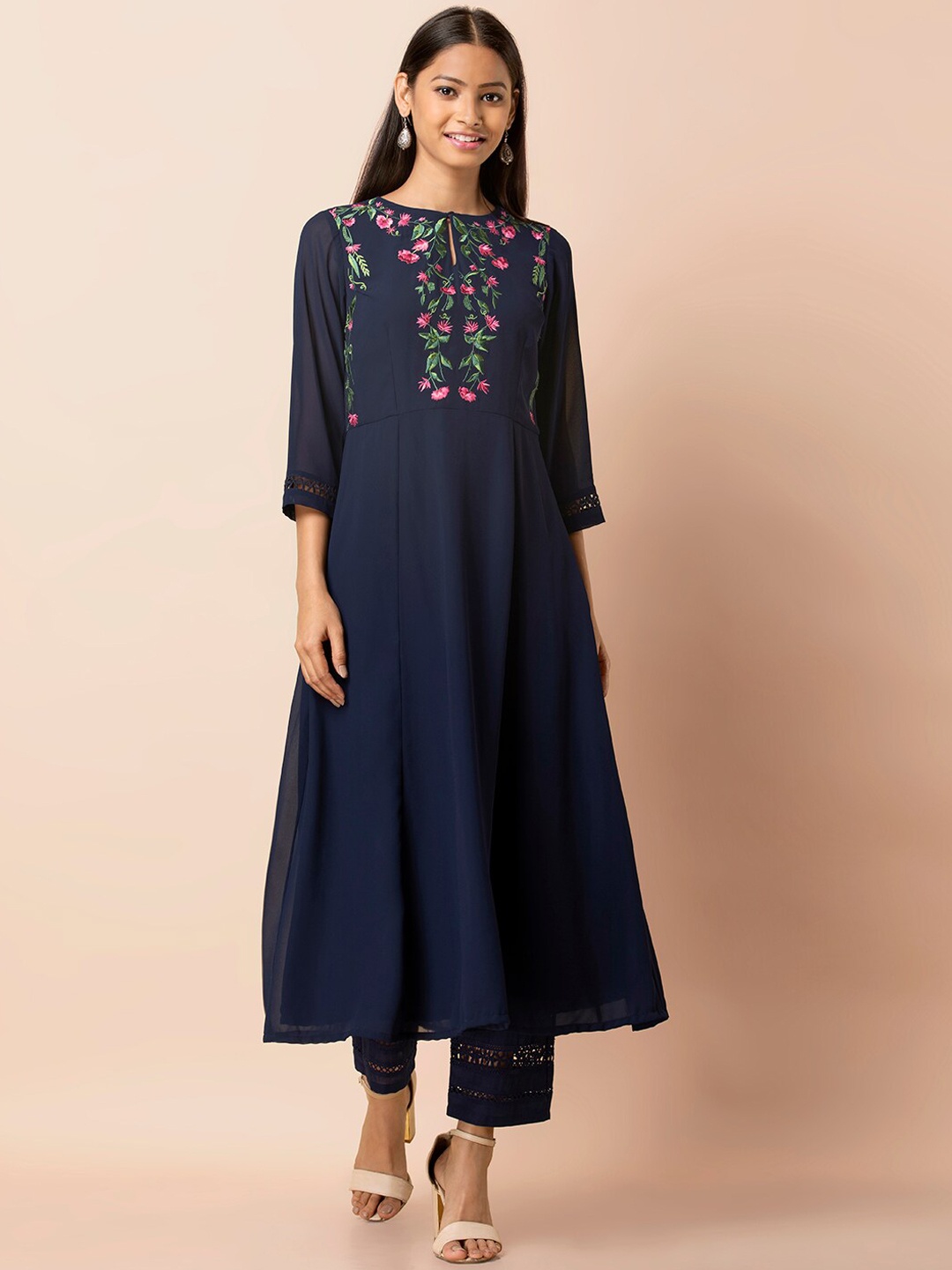 

INDYA Women Navy Blue Embroidered Anarkali Kurta