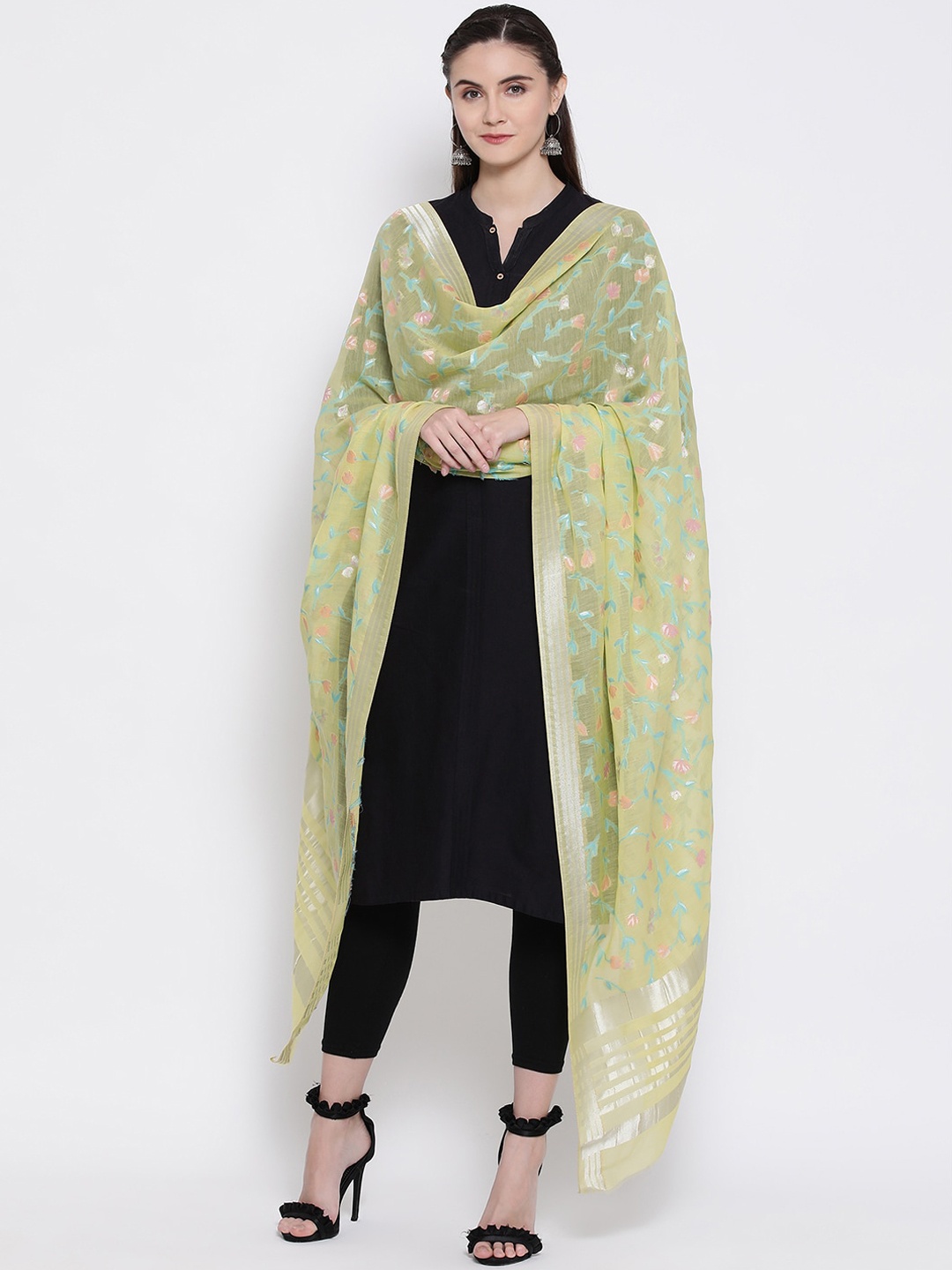 

SHINGORA Lime Green & Beige Woven Design Dupatta