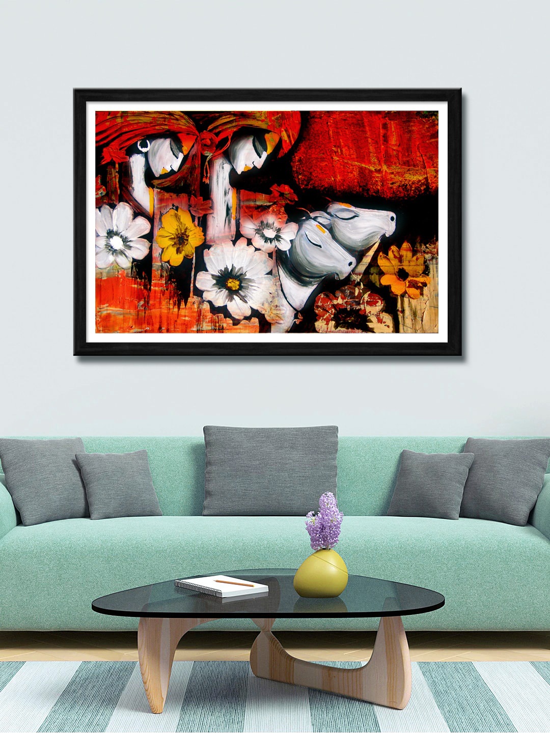 

999Store Red & White Flowers And Cow Canvas Painting Wall Art