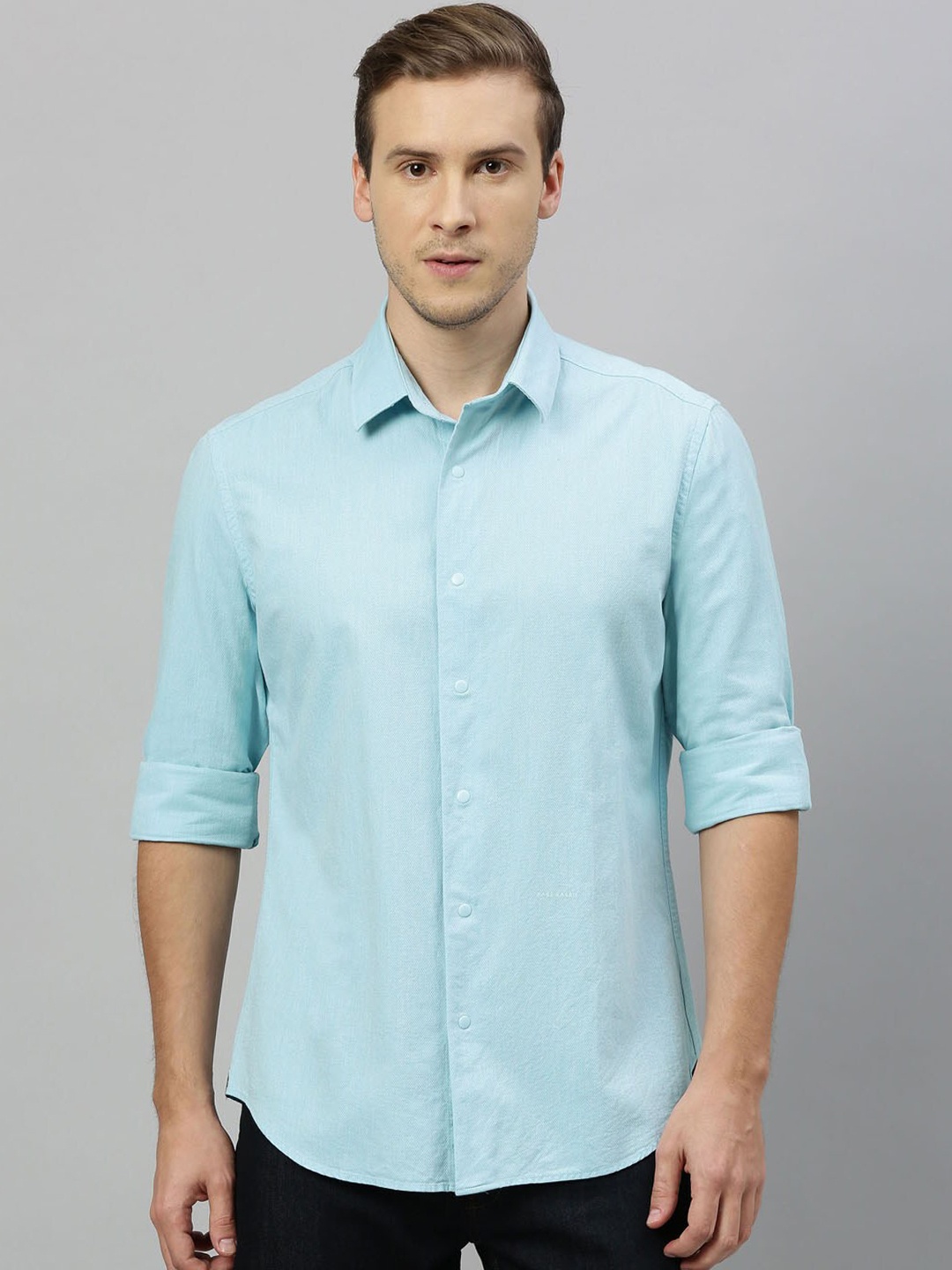 

RARE RABBIT Men Blue Tailored Fit Self Design Linen Casual Shirt