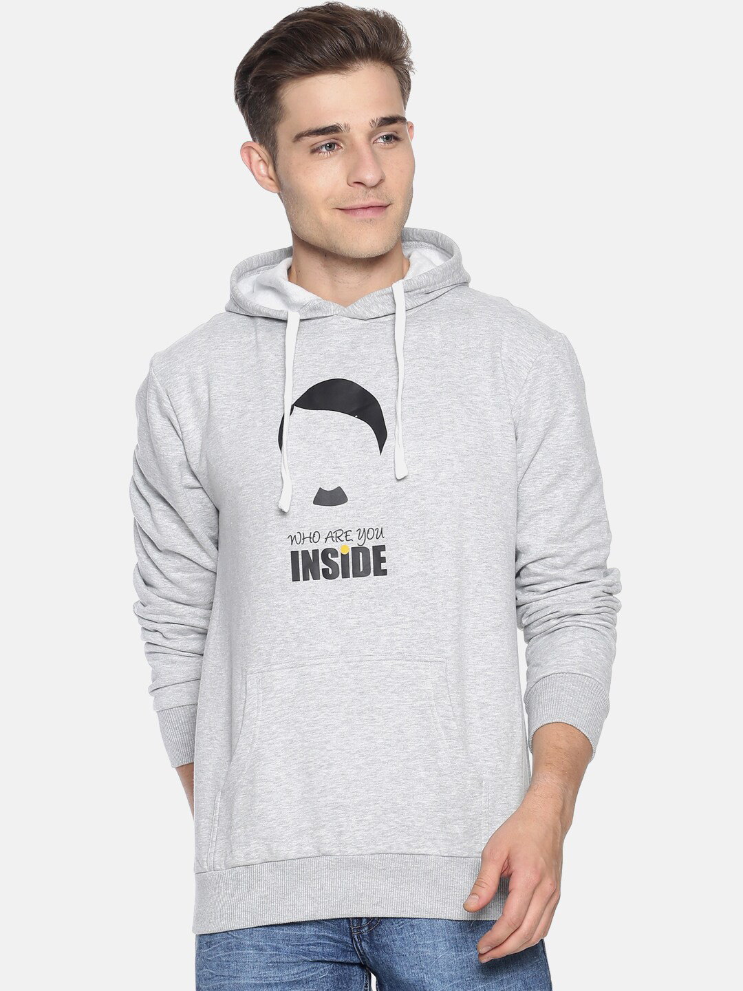 

Campus Sutra Men Grey Printed Hooded Sweatshirt