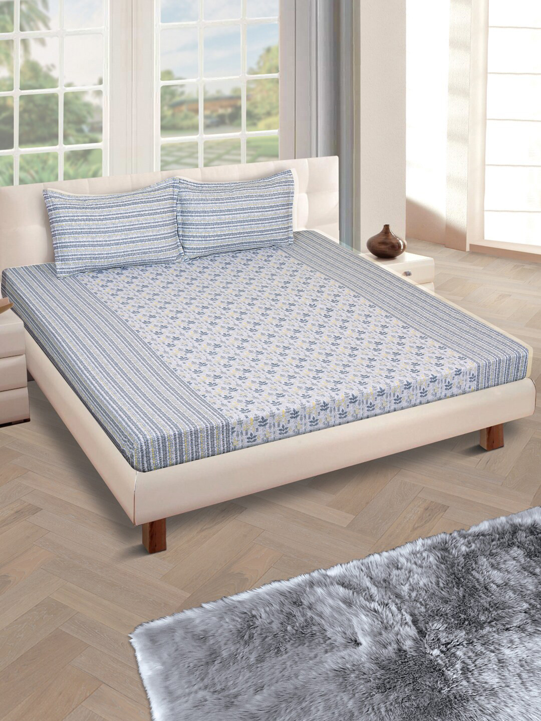 

ROMEE Blue & Yellow Floral 160 TC Cotton 1 Queen Bedsheet with 2 Pillow Covers