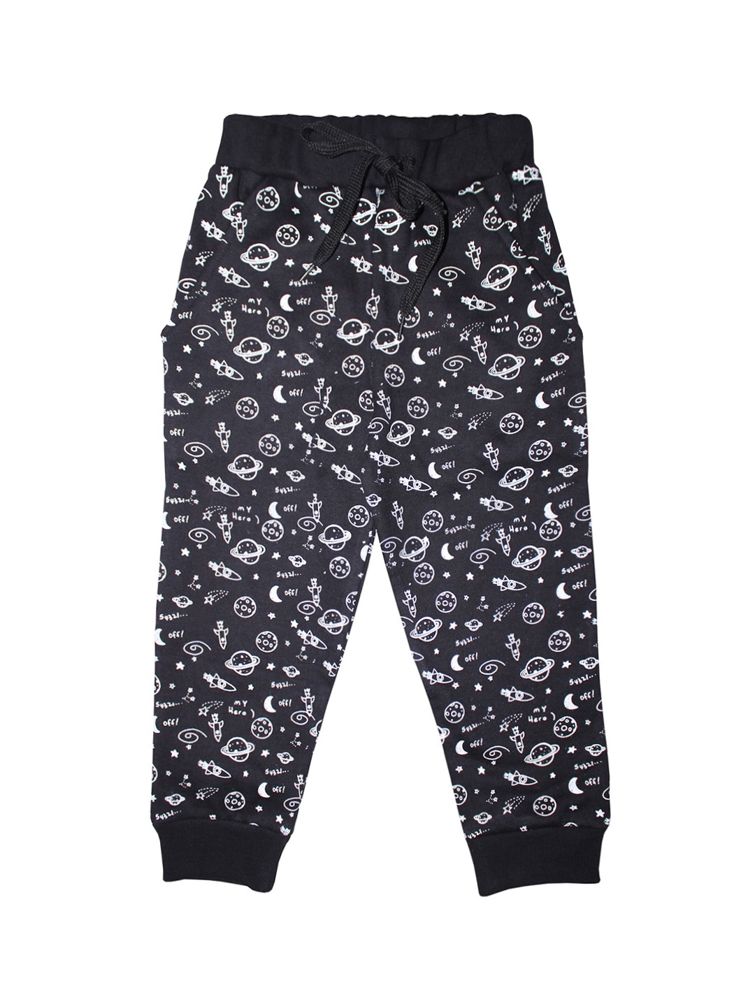 

KiddoPanti Boys Black & White Space AOP Printed Sporty Joggers