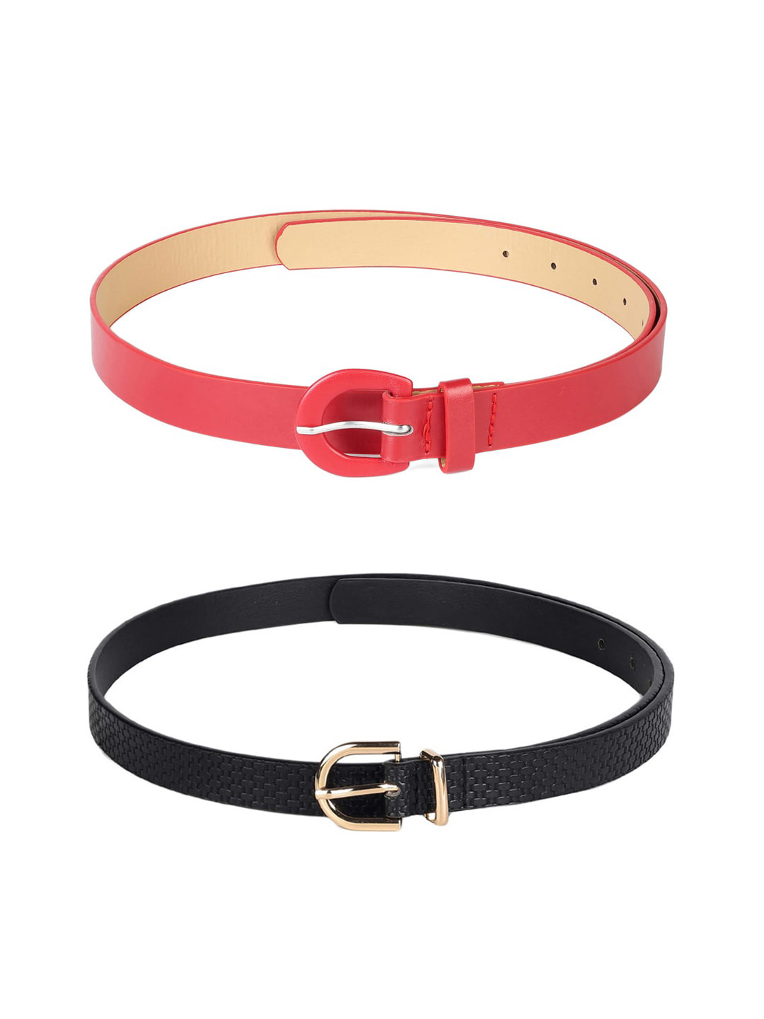 

CRUSSET Women Set Of 2 Red & Black Solid Belts