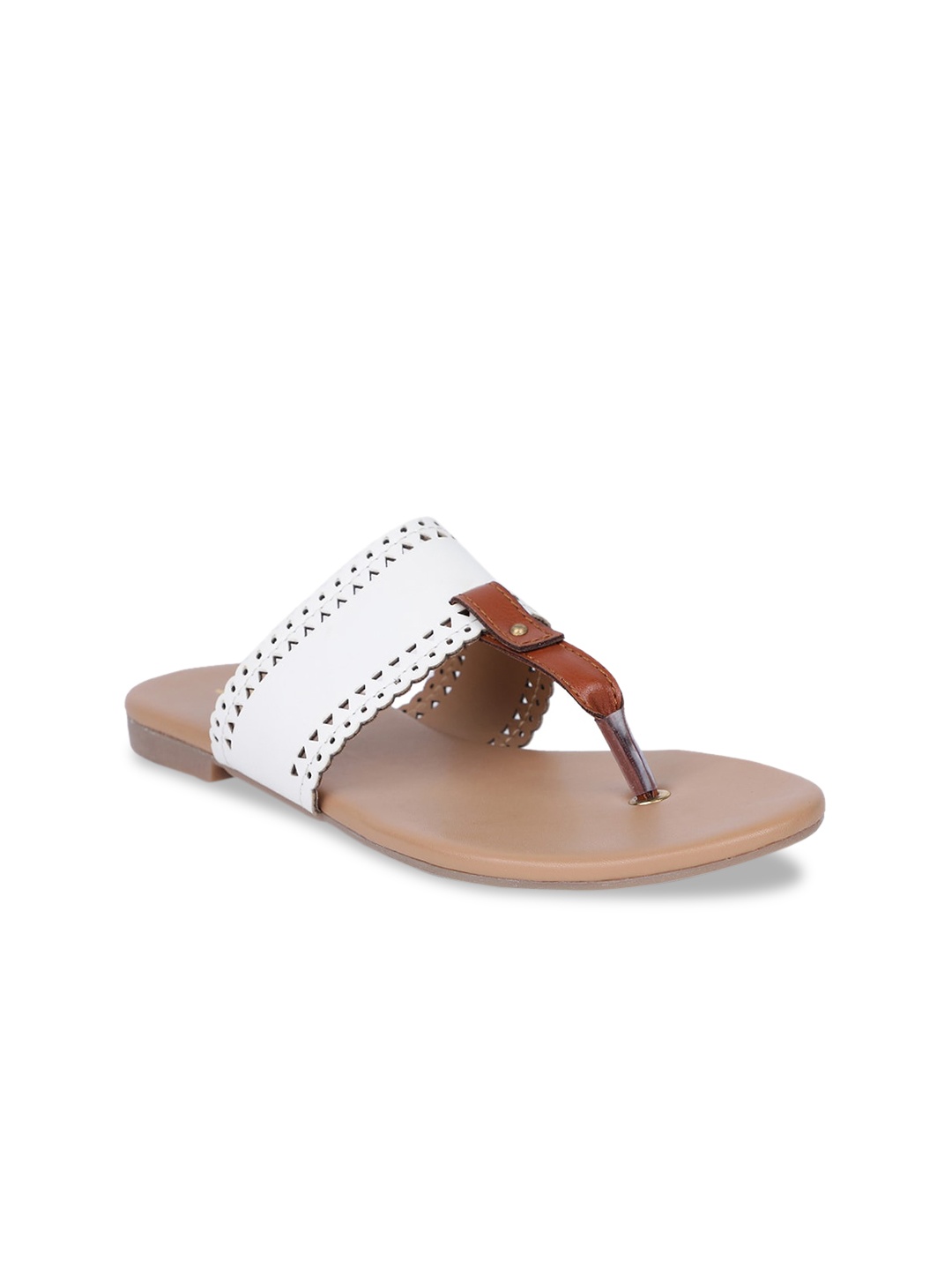 

Bata Women White Solid PU T-Strap Flats