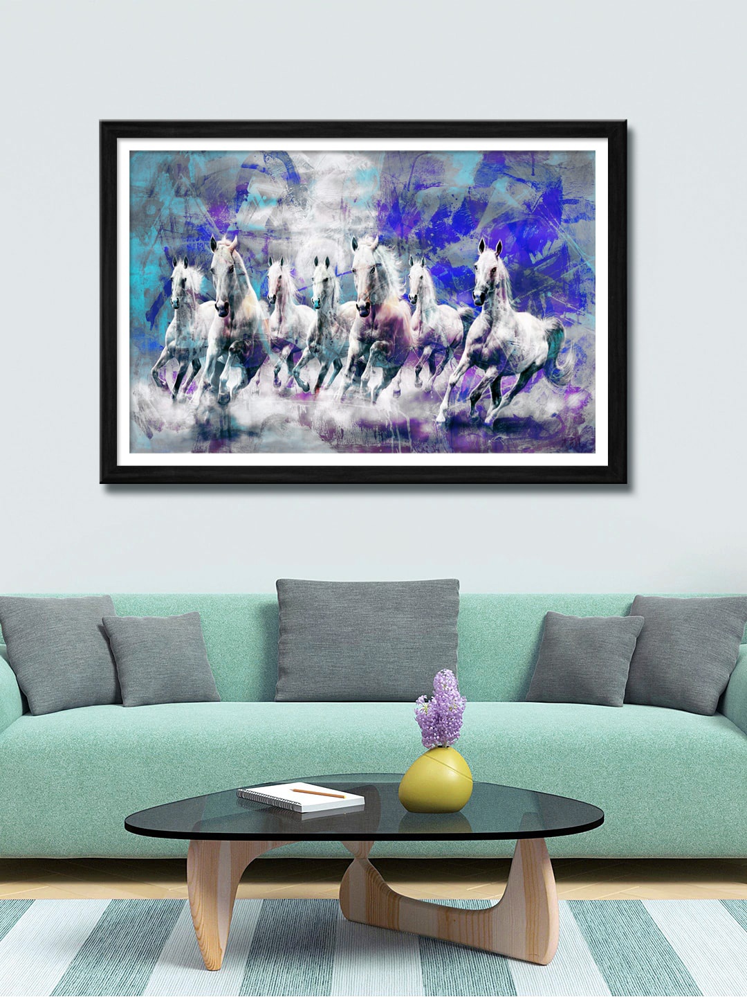 

999Store Grey & Blue Running Horses Canvas Painting Wall Art