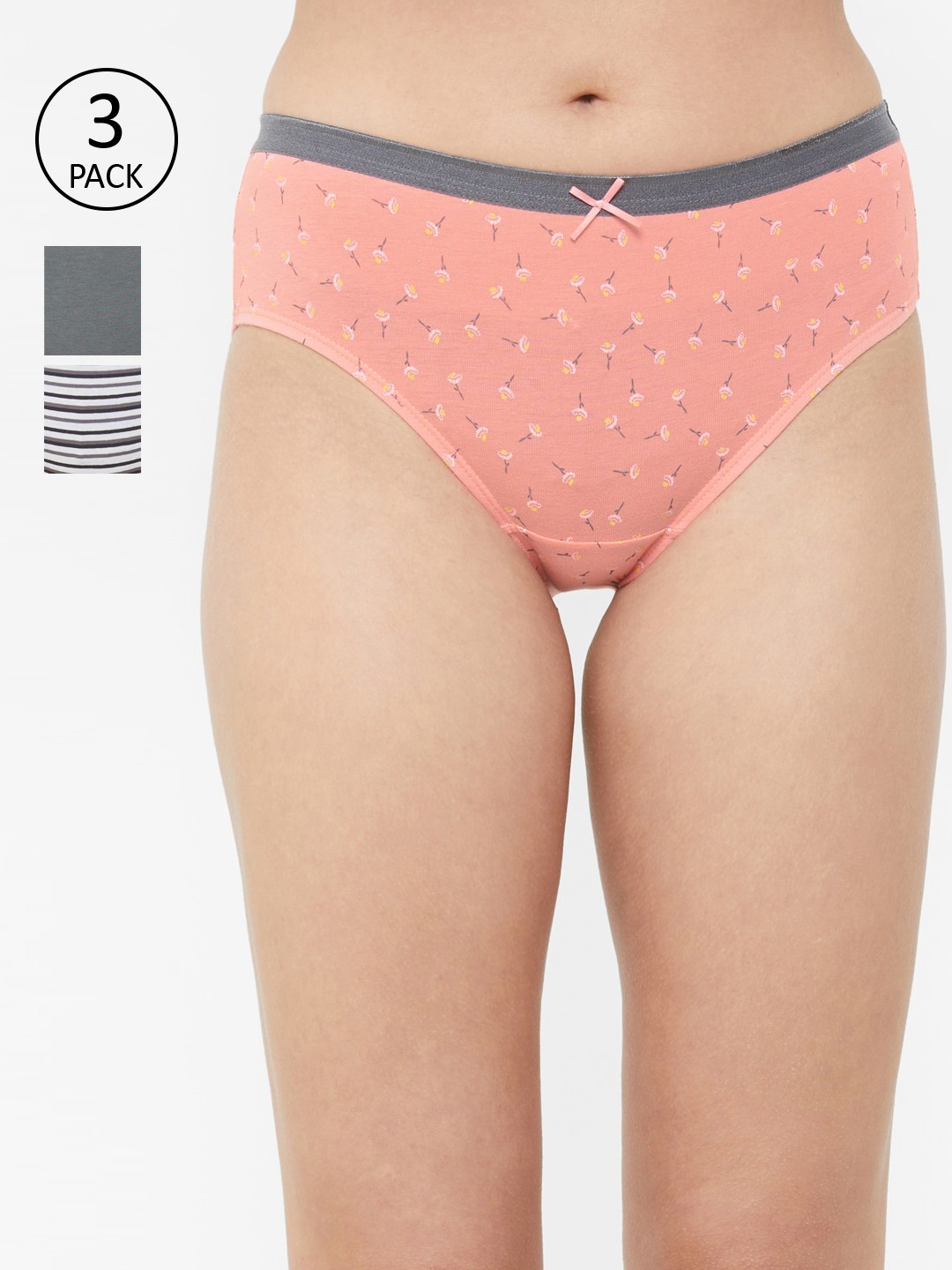 

SOIE Women Full Coverage Solid and Printed Cotton Stretch Hipster Briefs (Pack of 3), Grey