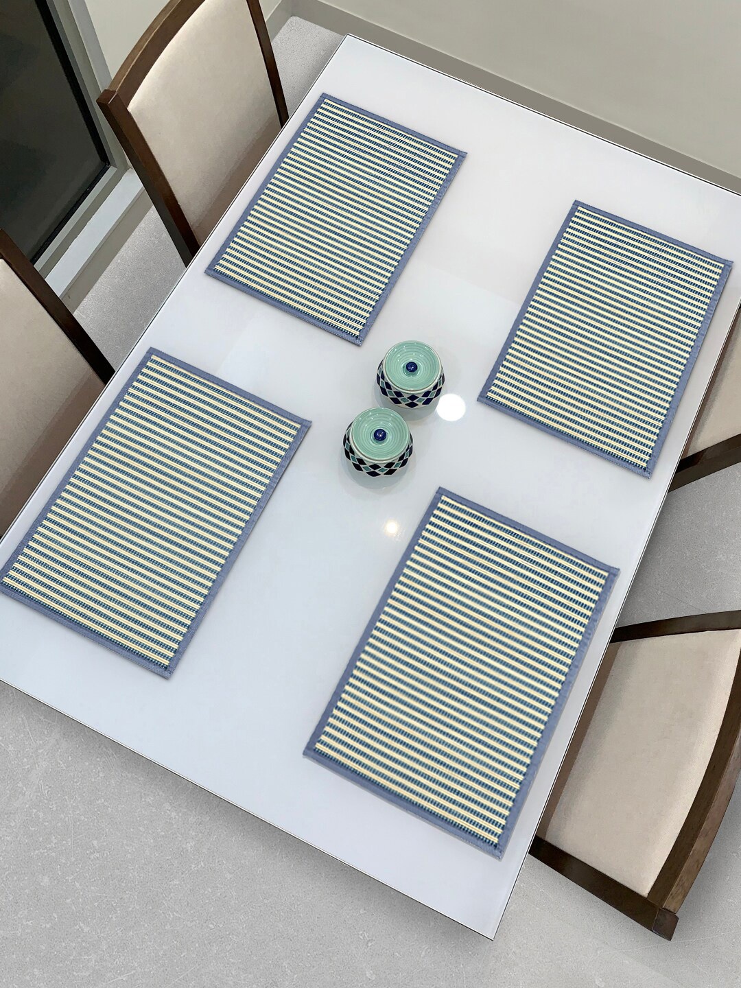 HOKIPO Set Of 4 Blue & Beige Striped Reversible Bamboo Table Placemats