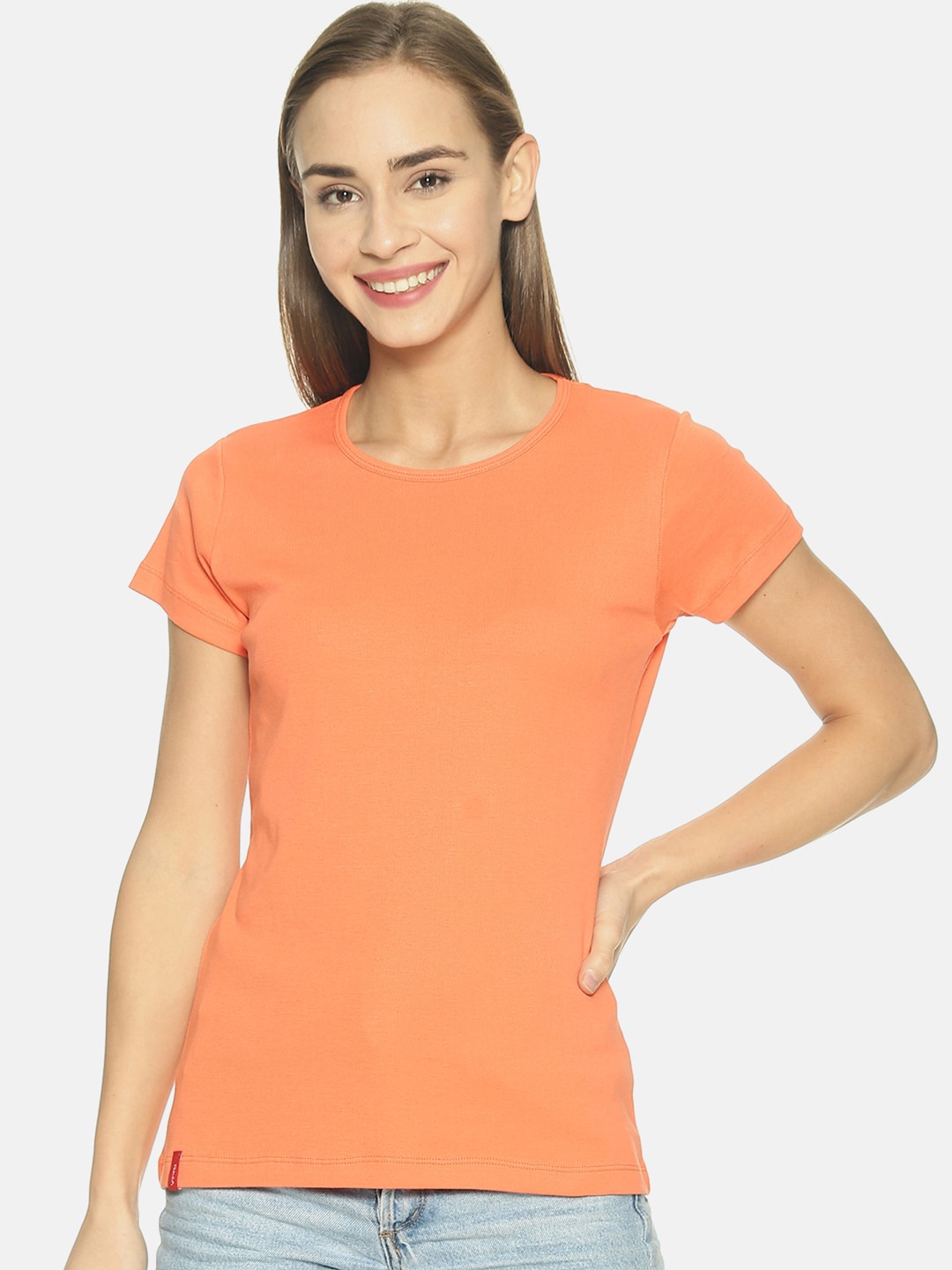 FEMEA Women Orange Solid Round Neck Pure Cotton T-shirt