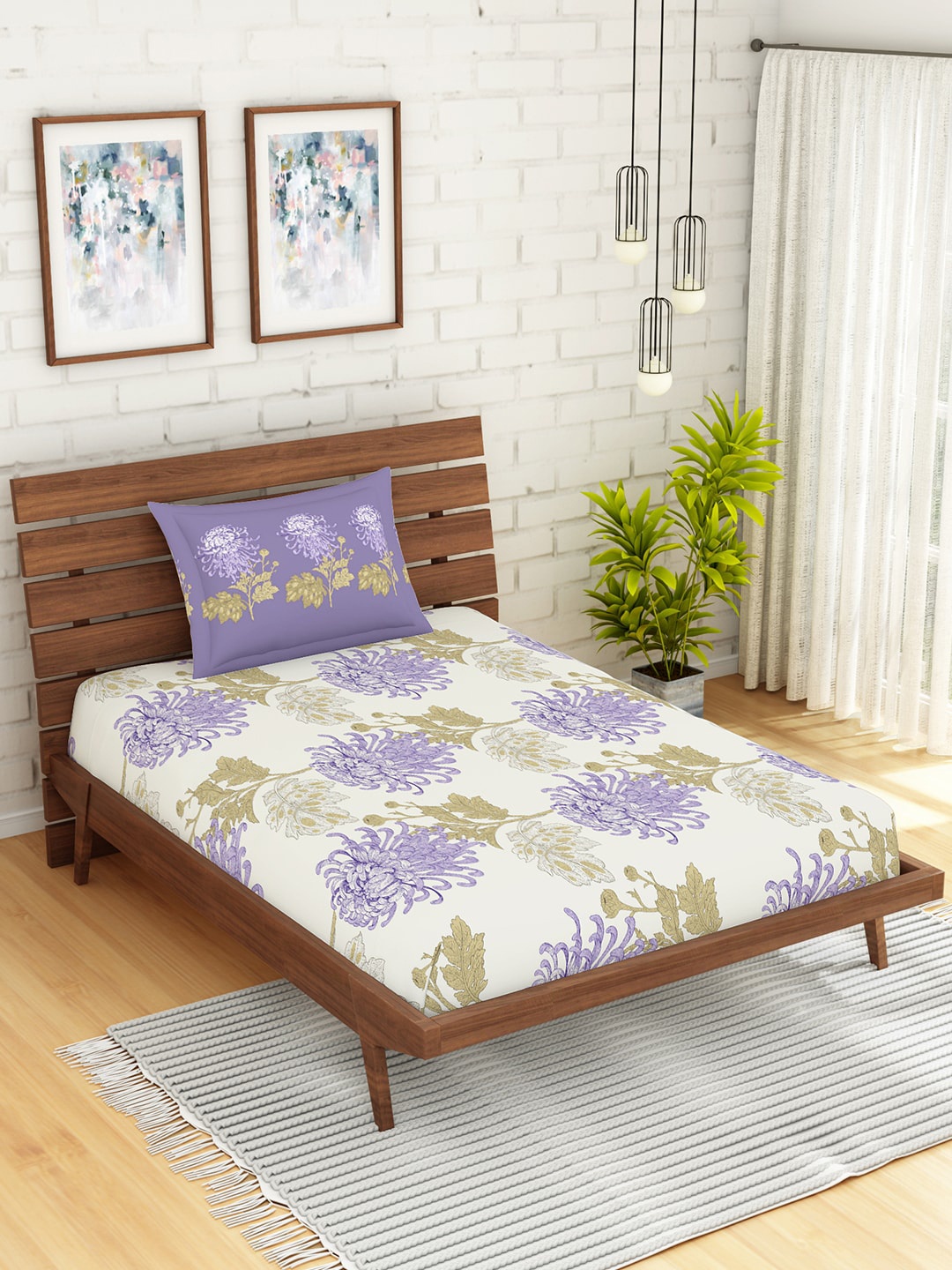 

SPACES Purple & Beige Floral 144 TC Cotton 1 Single Bedsheet with 1 Pillow Covers