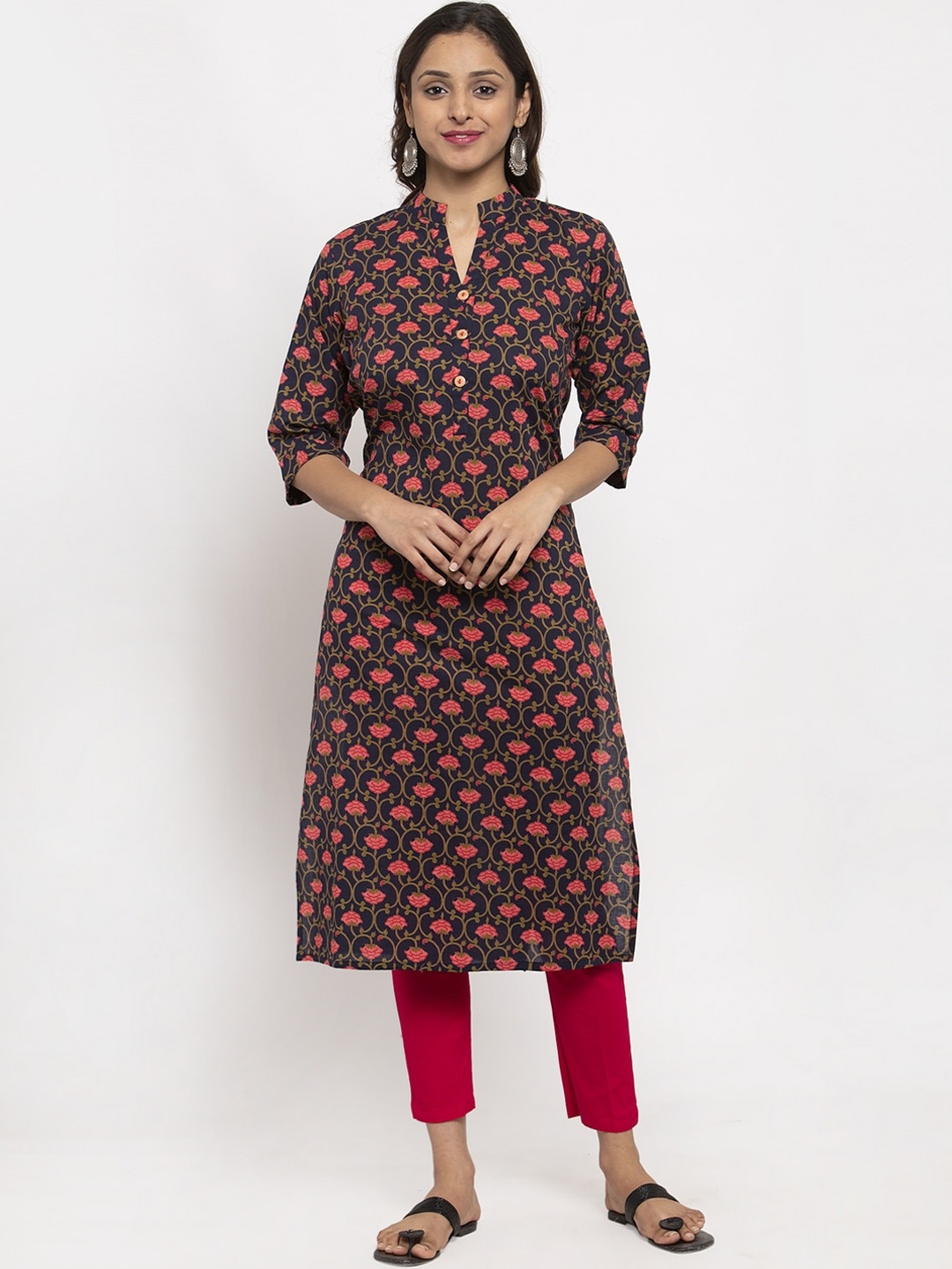 

TAG 7 Women Navy Blue & Pink Printed Straight Kurta