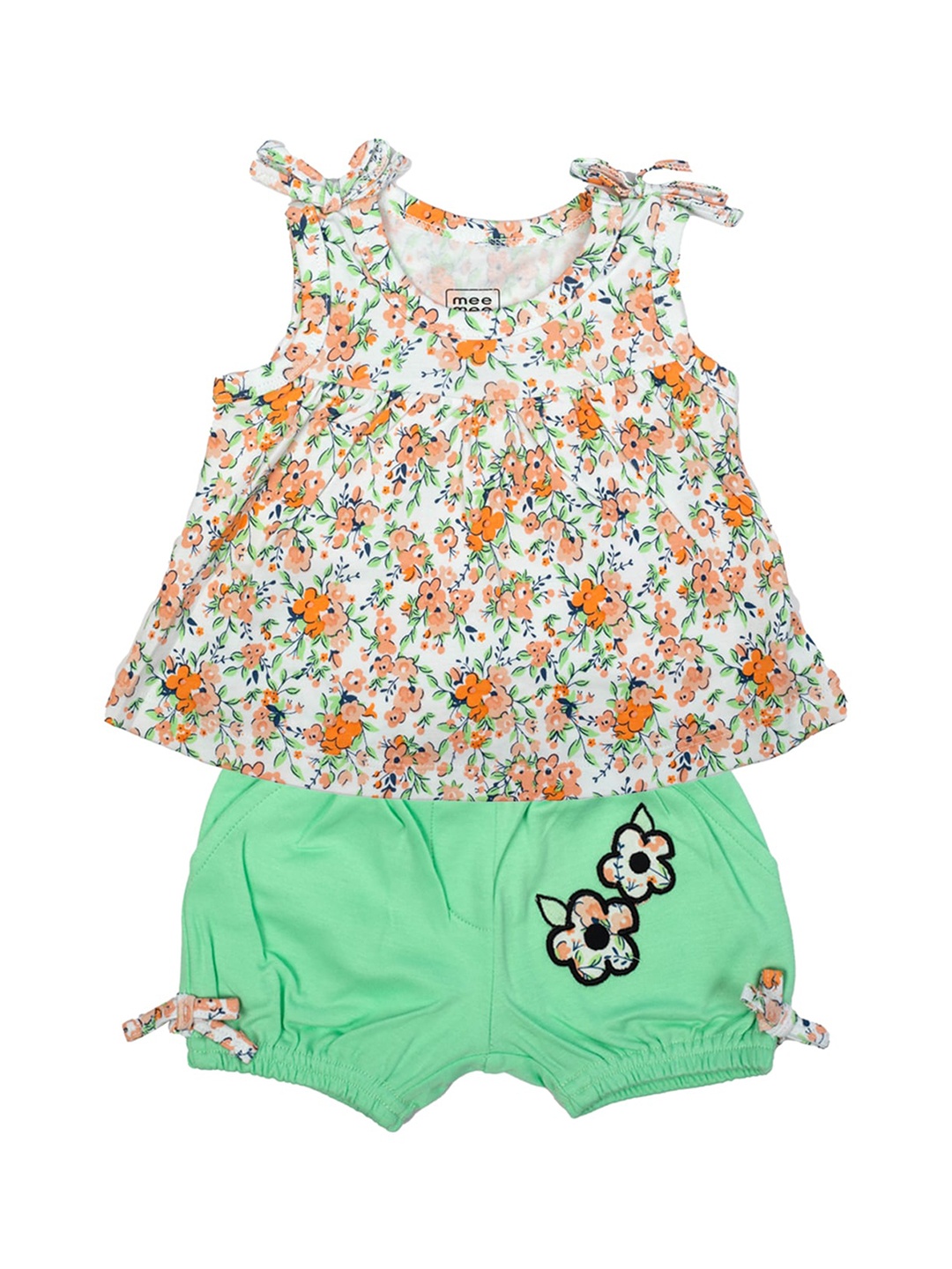 MeeMee Girls White & Green Printed Top with Shorts