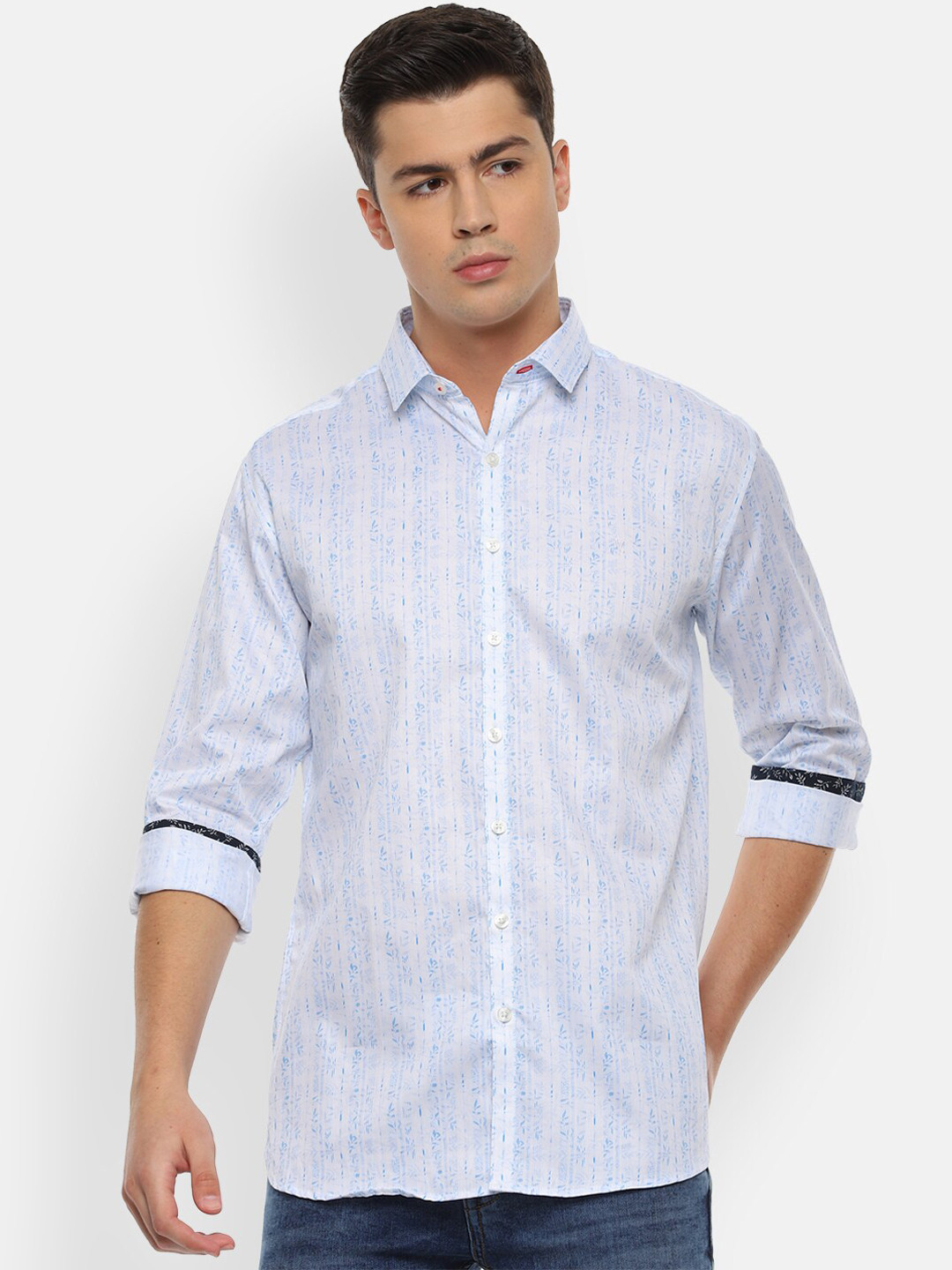 

V Dot Men White & Blue Self Design Casual Shirt