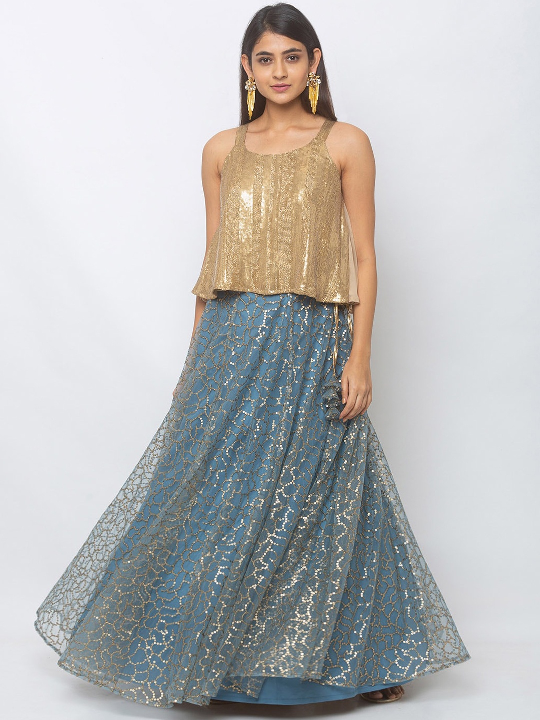 

6Y COLLECTIVE Grey & Gold-Coloured Embellished Ready to Wear Lehenga & Blouse