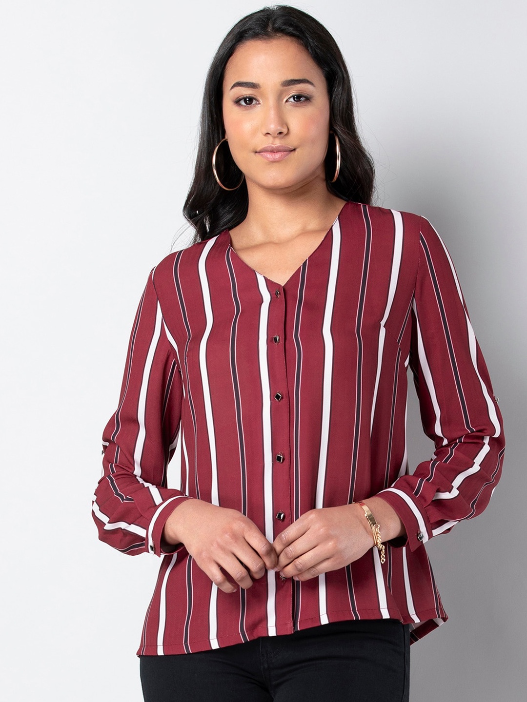 

FabAlley Women Maroon Striped Shirt Style Top