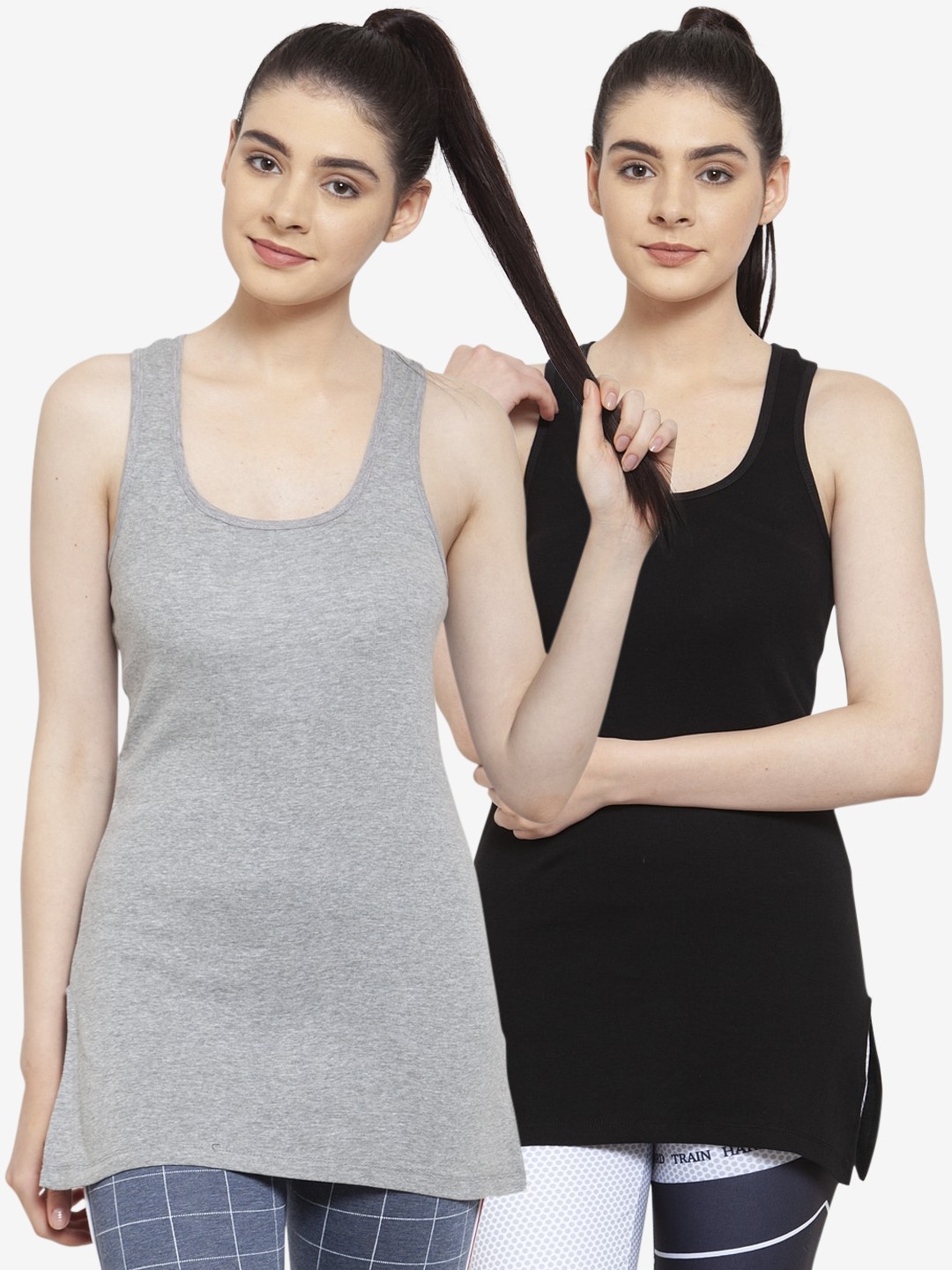 

Friskers Women Pack Of 2 Black & Grey Solid Longline Tank Tops