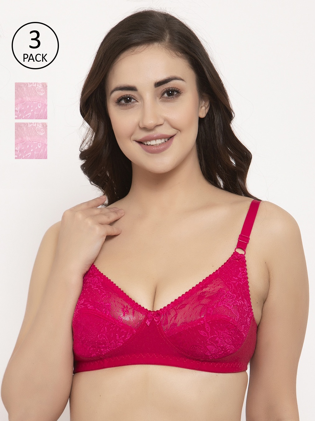 

GRACIT Pack Of 3 Self Design Non-Wired Non Padded Balconette Bra, Pink