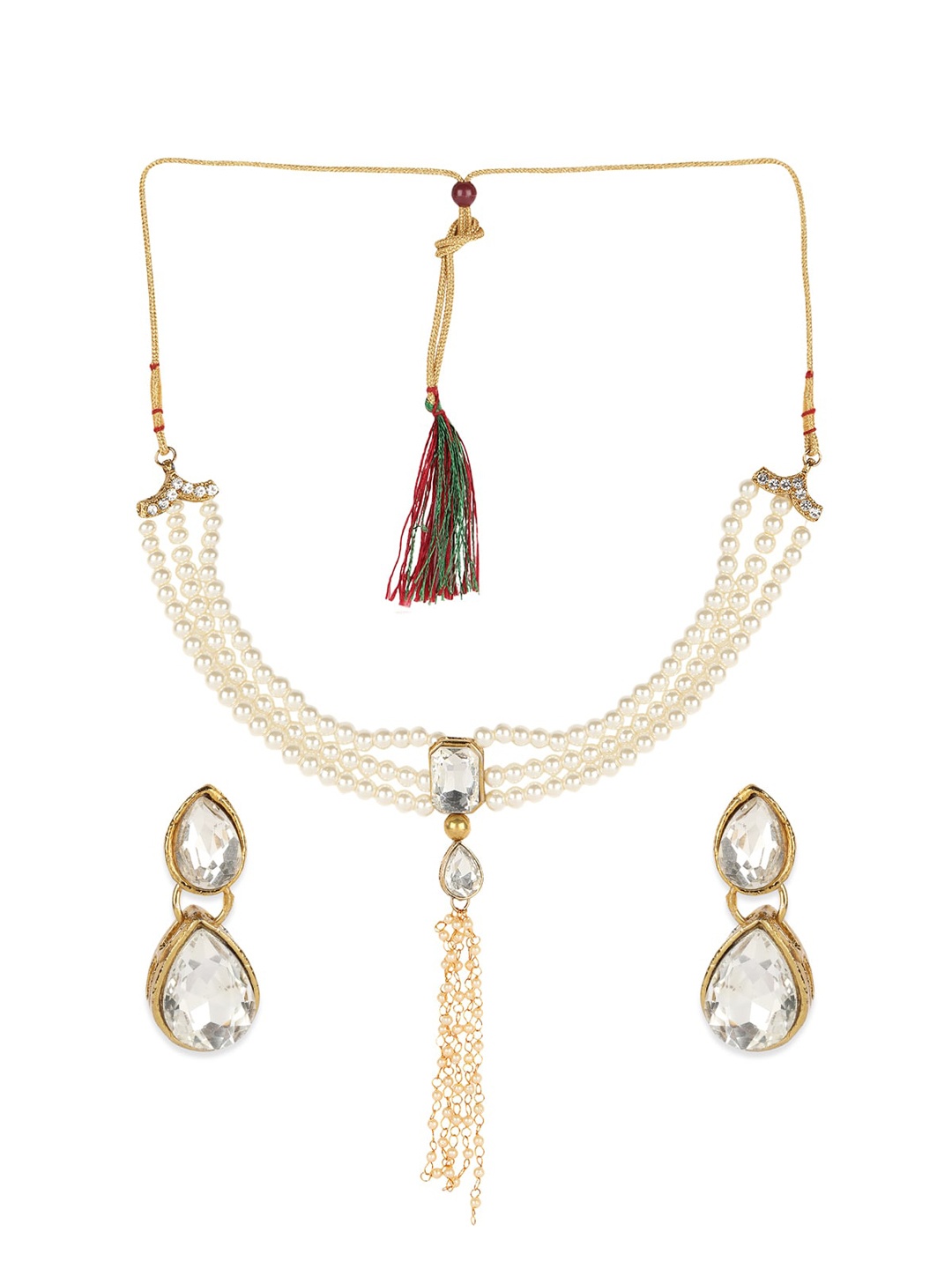 

ANIKAS CREATION Gold-Plated White Stone-Studded Pearl Handcrafted Jewellery Set