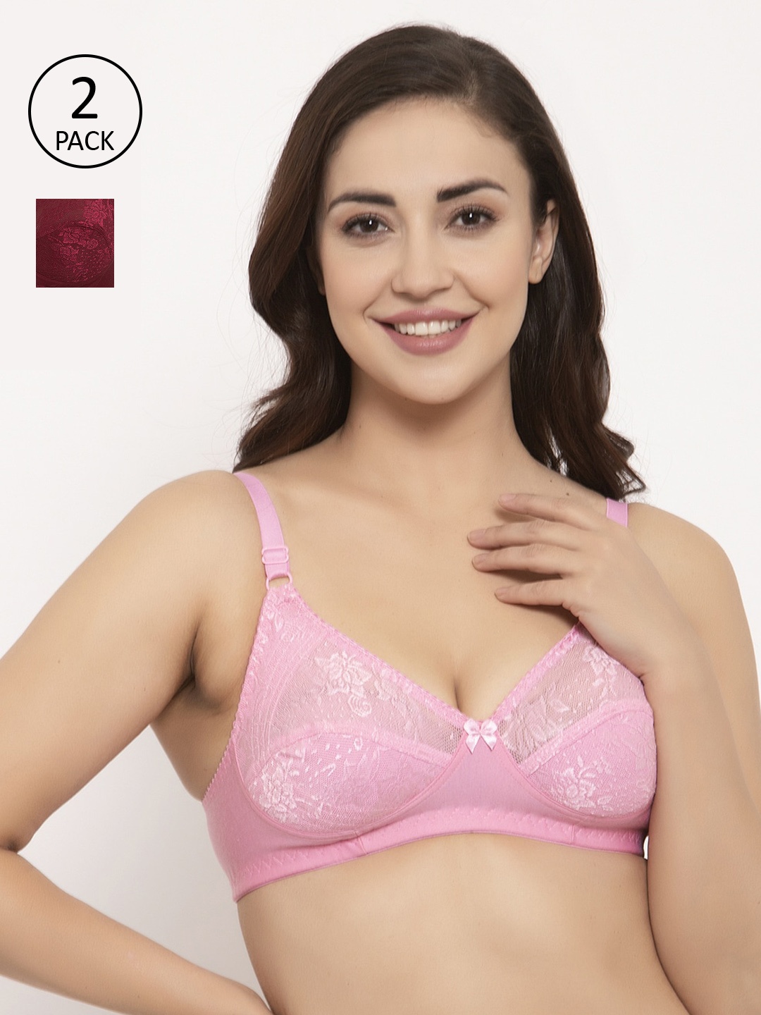 

GRACIT Pack Of 2 Self Design Non-Wired Non Padded Balconette Bra PW3-10-14, Pink