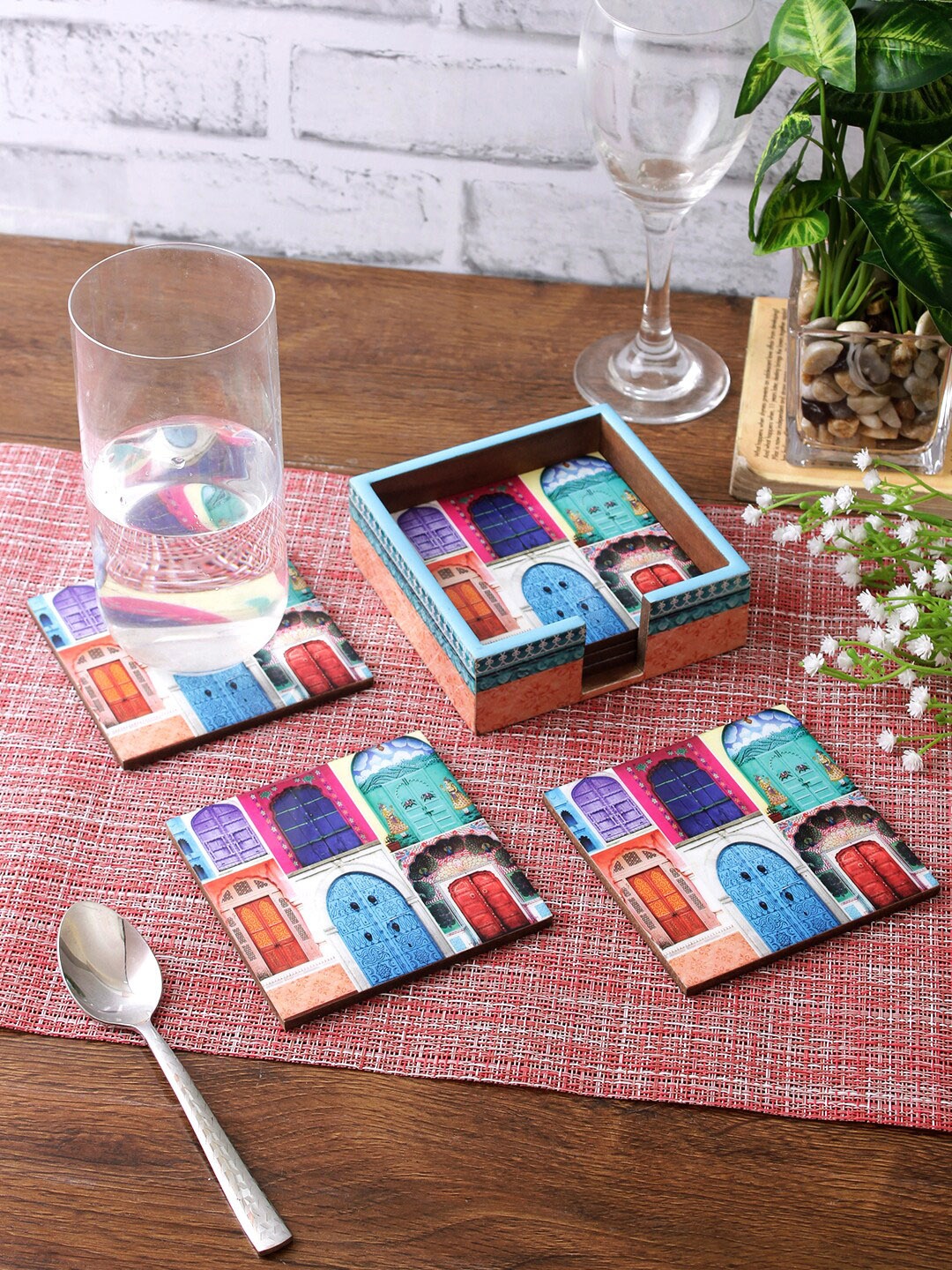 

eyda Set Of 6 Blue & Brown Digital Printed Square Wooden Coasters With Holder