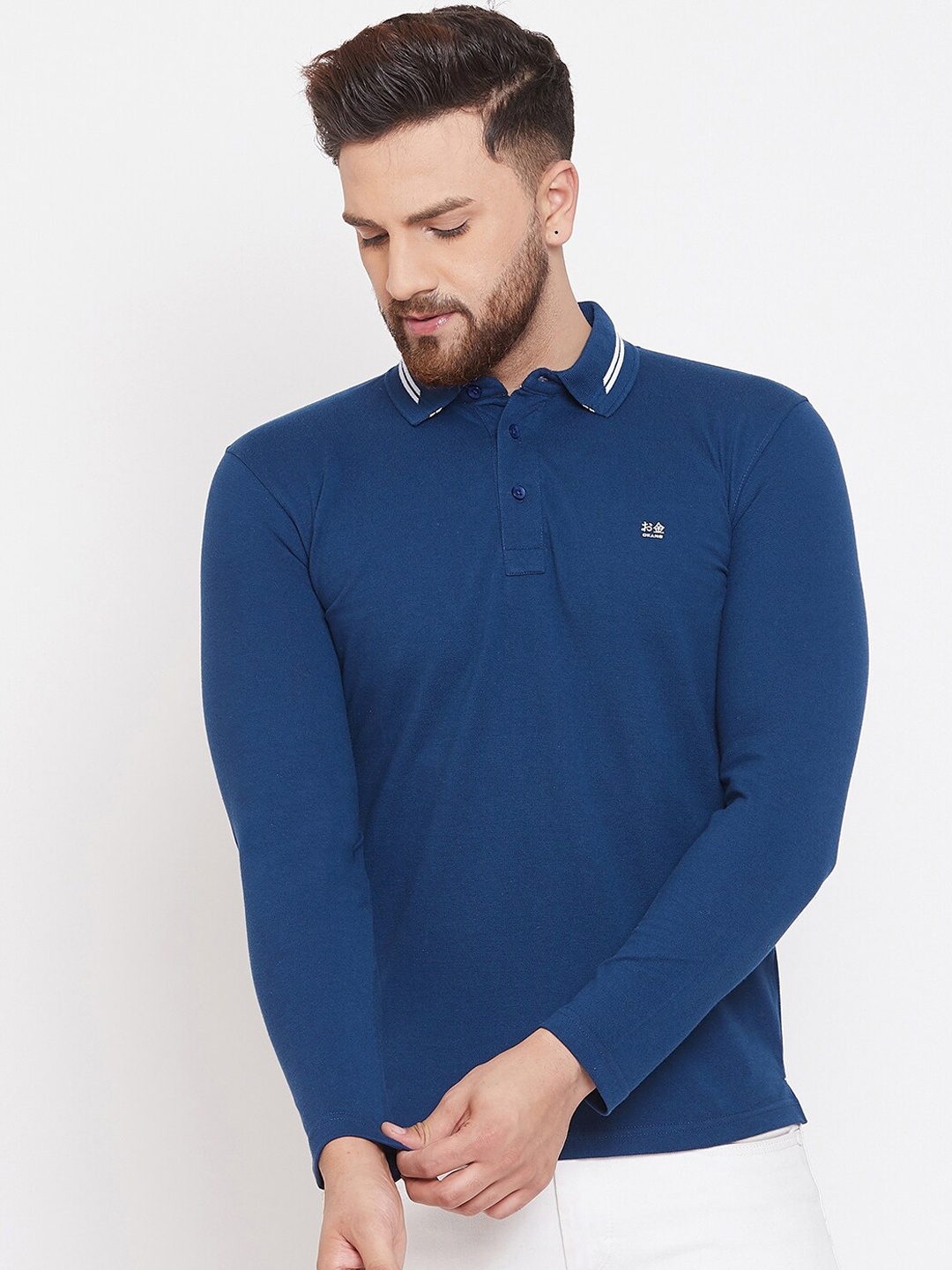 

Okane Men Blue Solid Polo Collar T-shirt
