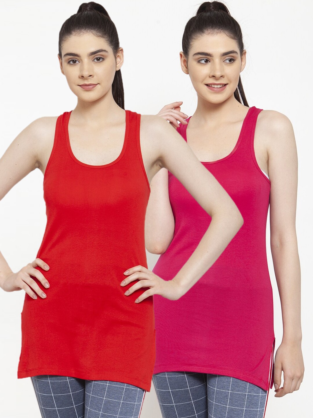 

Friskers Women Pack Of 2 Red & Pink Solid Tank Top