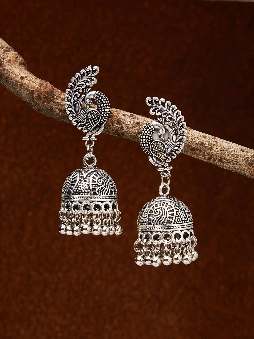

Fida Silver Peacock Shaped Jhumkas