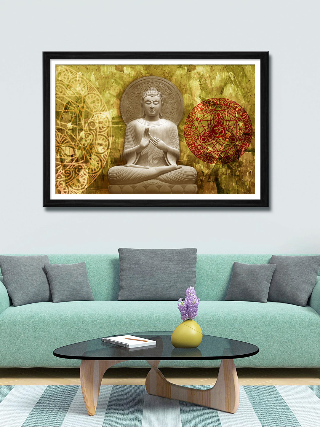 

999Store Gold-Coloured & Red Buddha And OM Printed Canvas Painting Wall Art