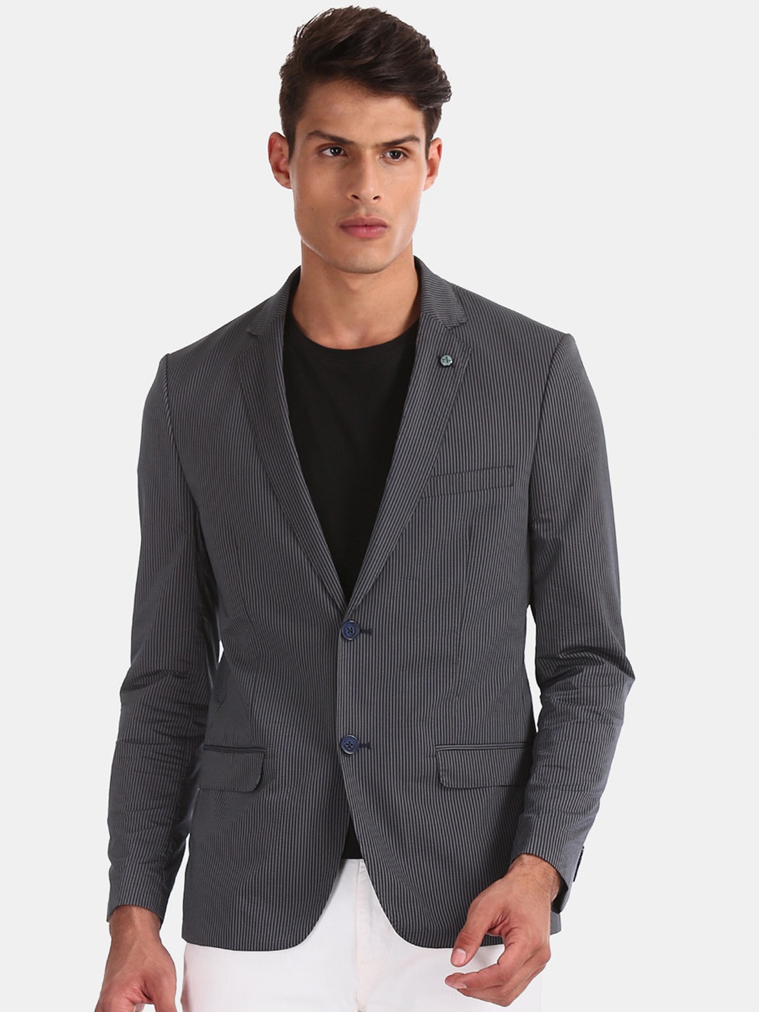 

Arrow Men Grey Striped Slim-Fit Single-Breasted Casual Blazer