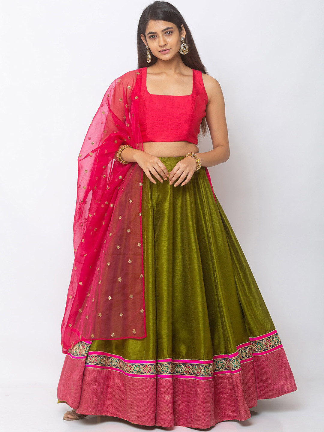 

6Y COLLECTIVE Olive Green & Pink Solid Ready to Wear Lehenga & Unstitched Blouse with Dupatta