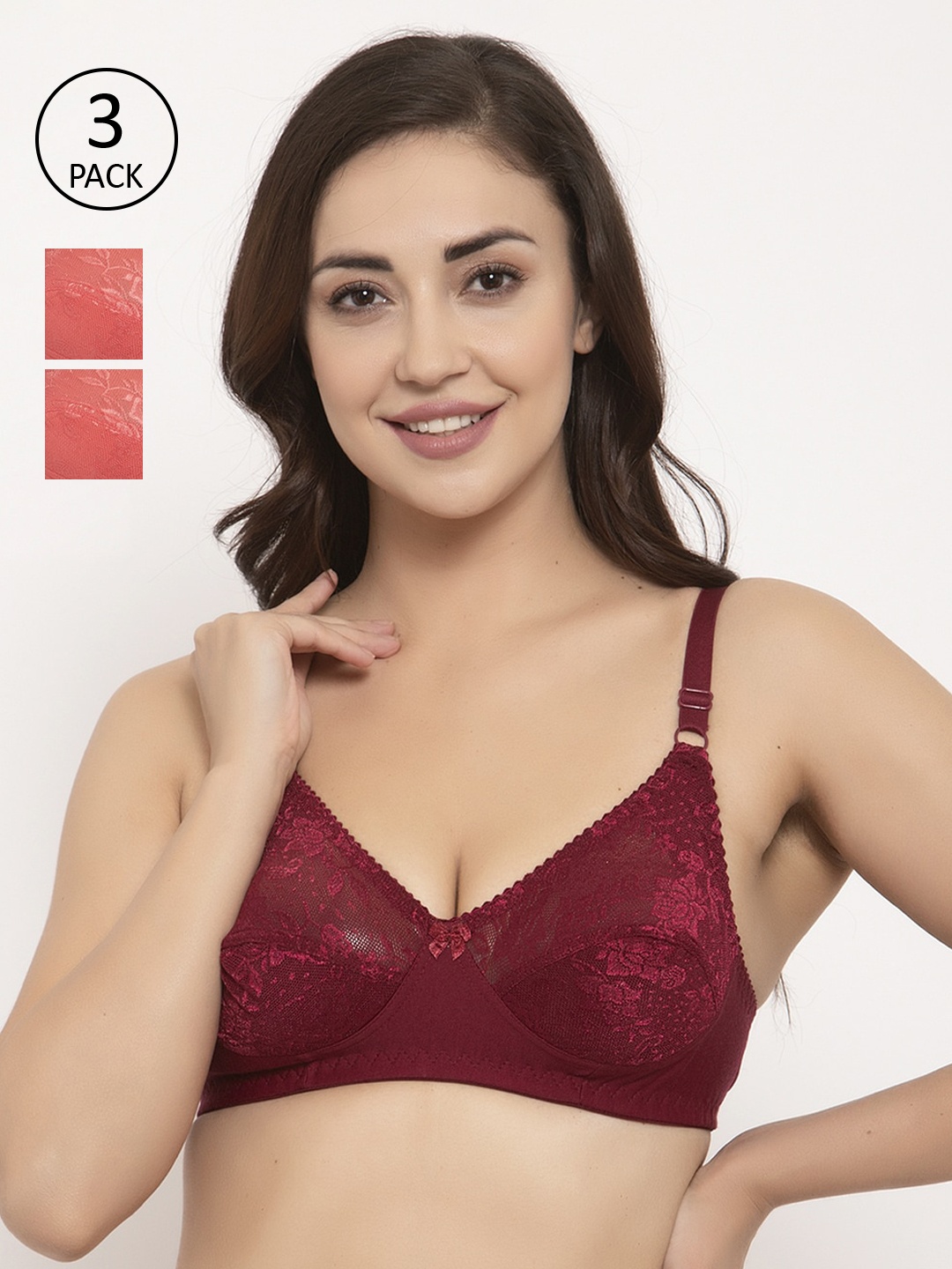 

GRACIT Pack of 3 Lace Non-Wired Non Padded Everyday Bras PW3-14-15-15, Maroon