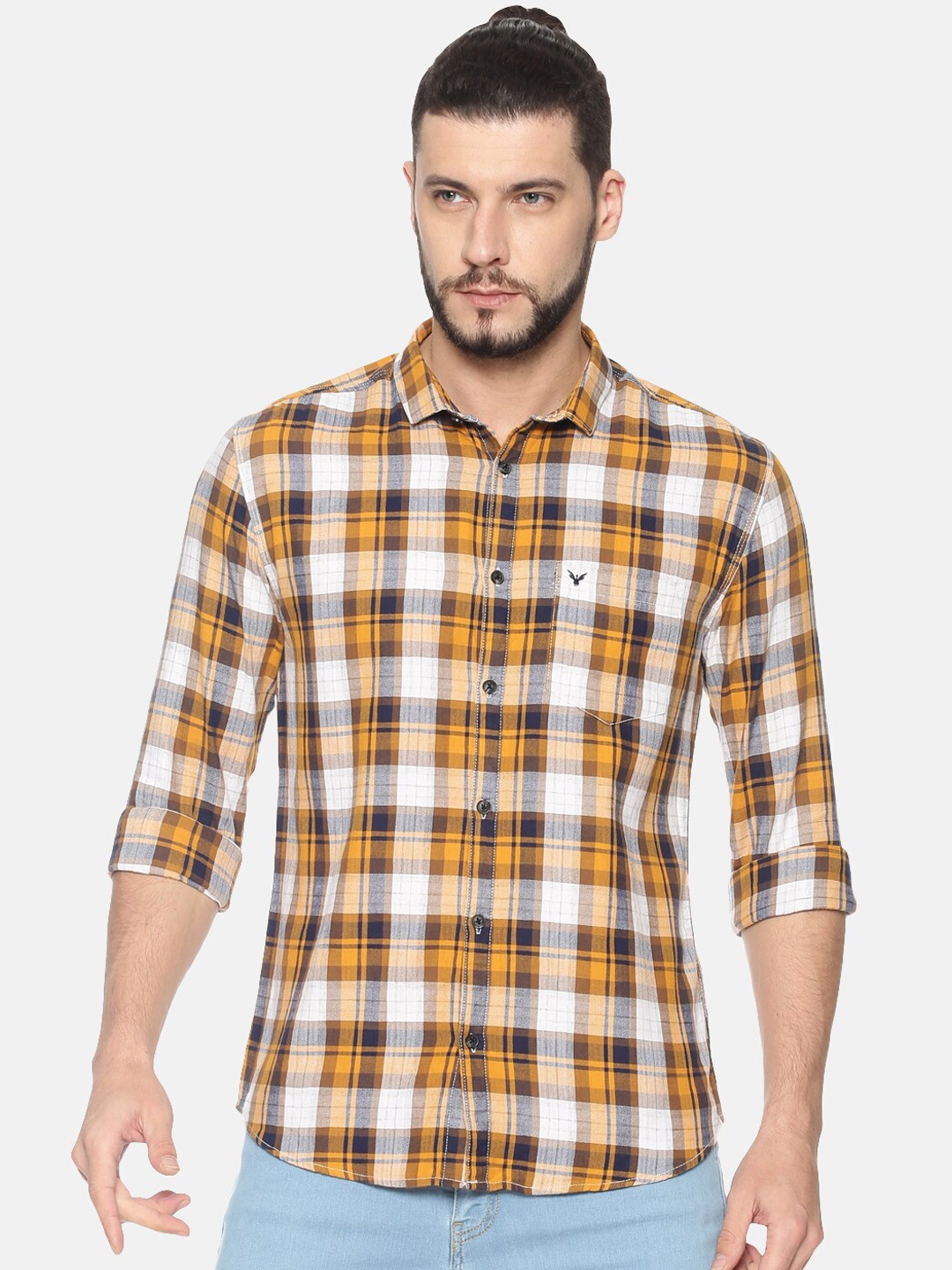 

SHOWOFF Men Yellow & White Slim Fit Checked Casual Shirt