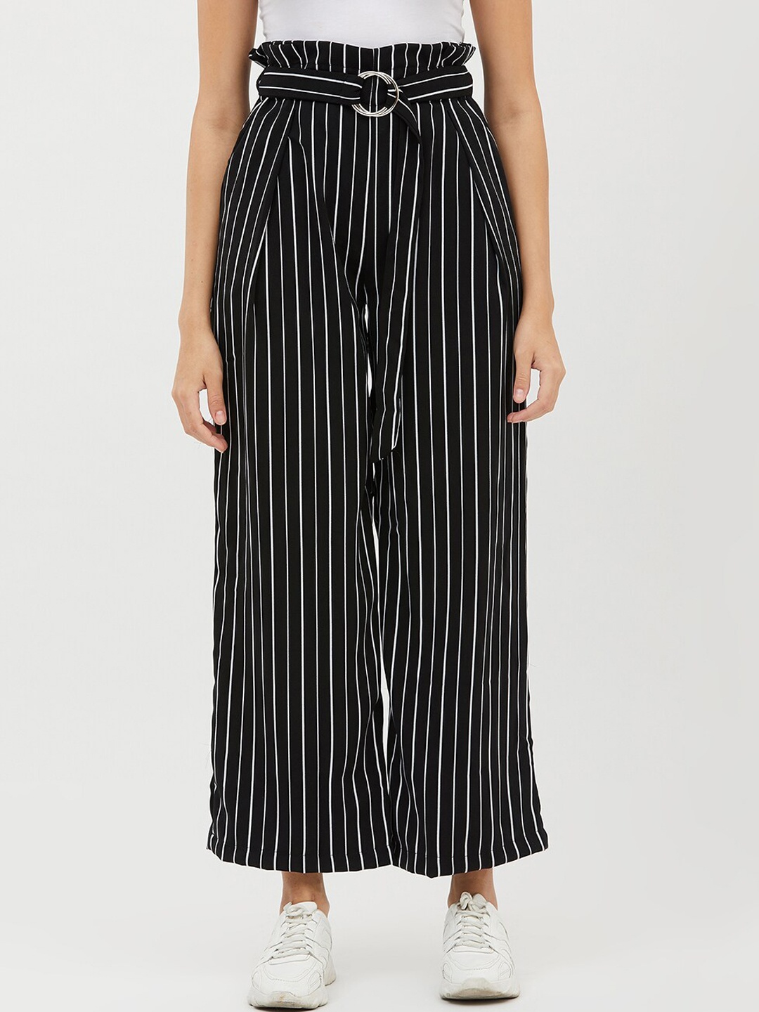 

Harpa Women Black & White Smart Regular Fit Striped Parallel Trousers