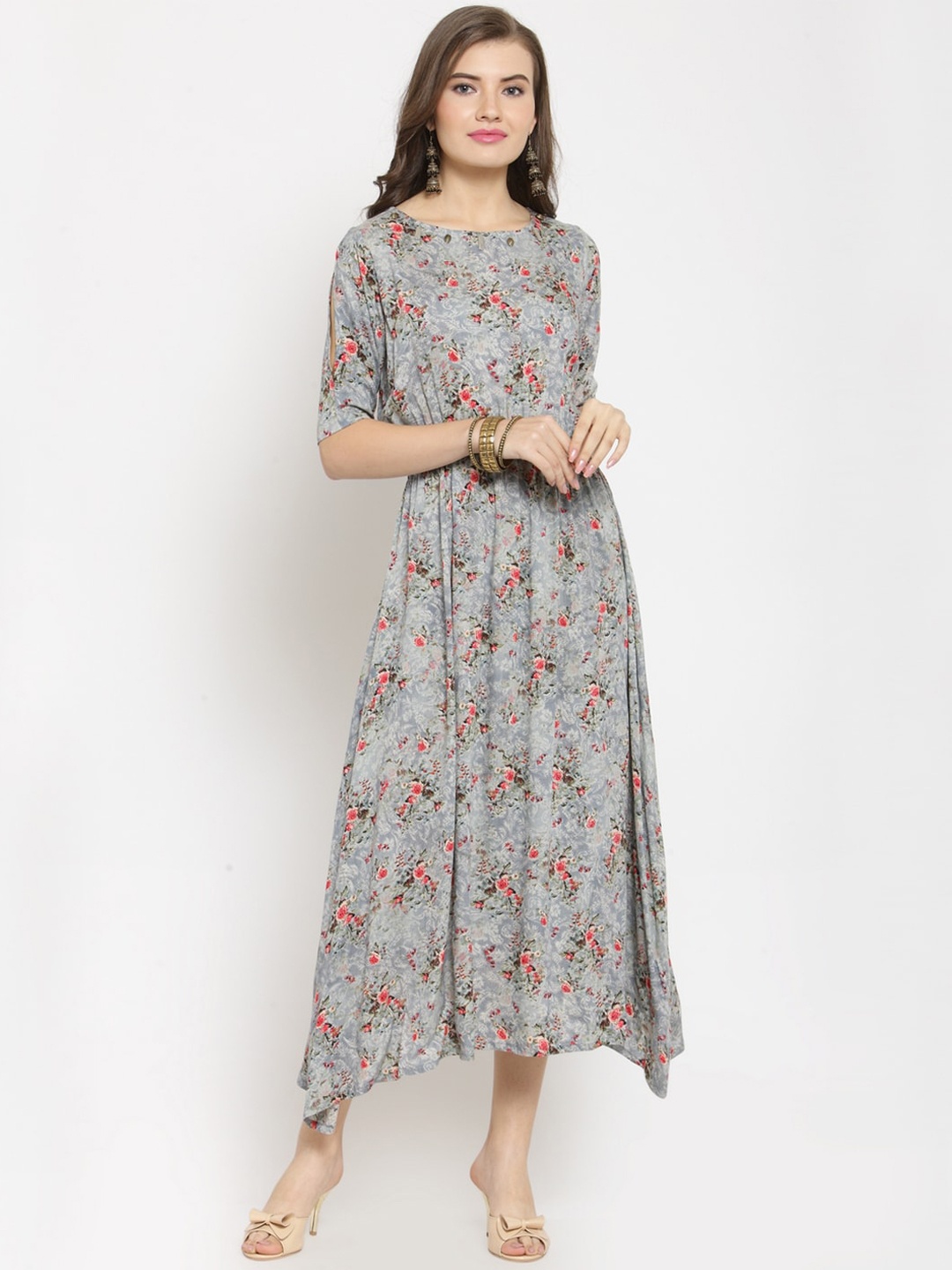 

Kvsfab Women Grey Floral Printed Maxi Dress