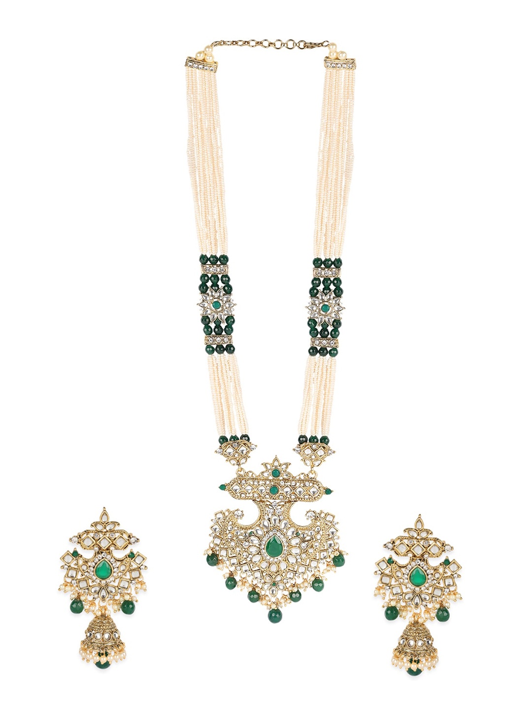 

ANIKAS CREATION Gold-Plated Green & Off-White Kundan-Studded Pearl Handcrafted Jewellery Set