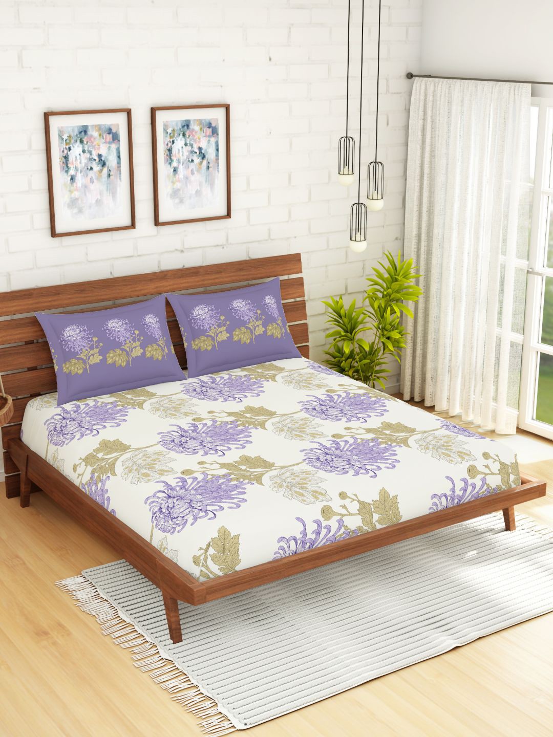 

Spaces Atrium Floral Violet 1 King Size Fitted Sheets With 2 Pillow Cover, Purple