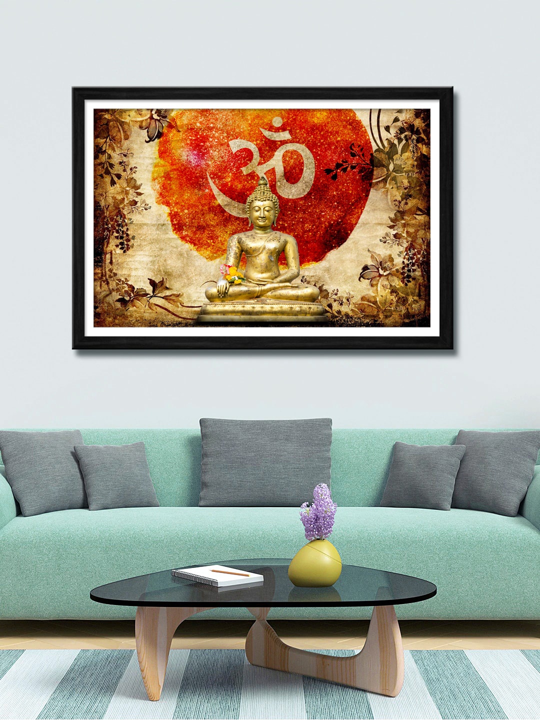 

999Store Gold-Toned & Red Buddha And OM Printed Canvas Painting Wall Art