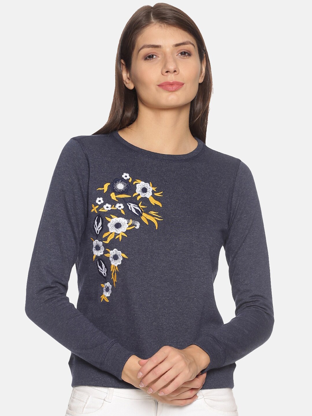 

Kryptic Women Navy Blue Embroidered Sweatshirt