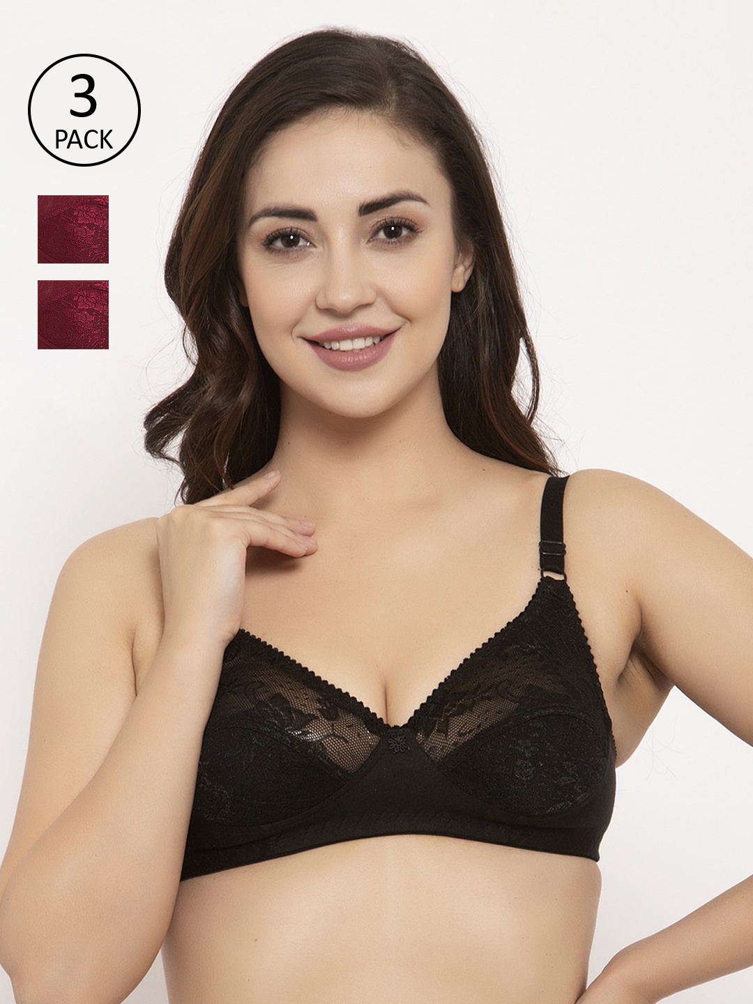 

GRACIT Pack Of 3 Self Design Non-Wired Non Padded Balconette Bra, Black