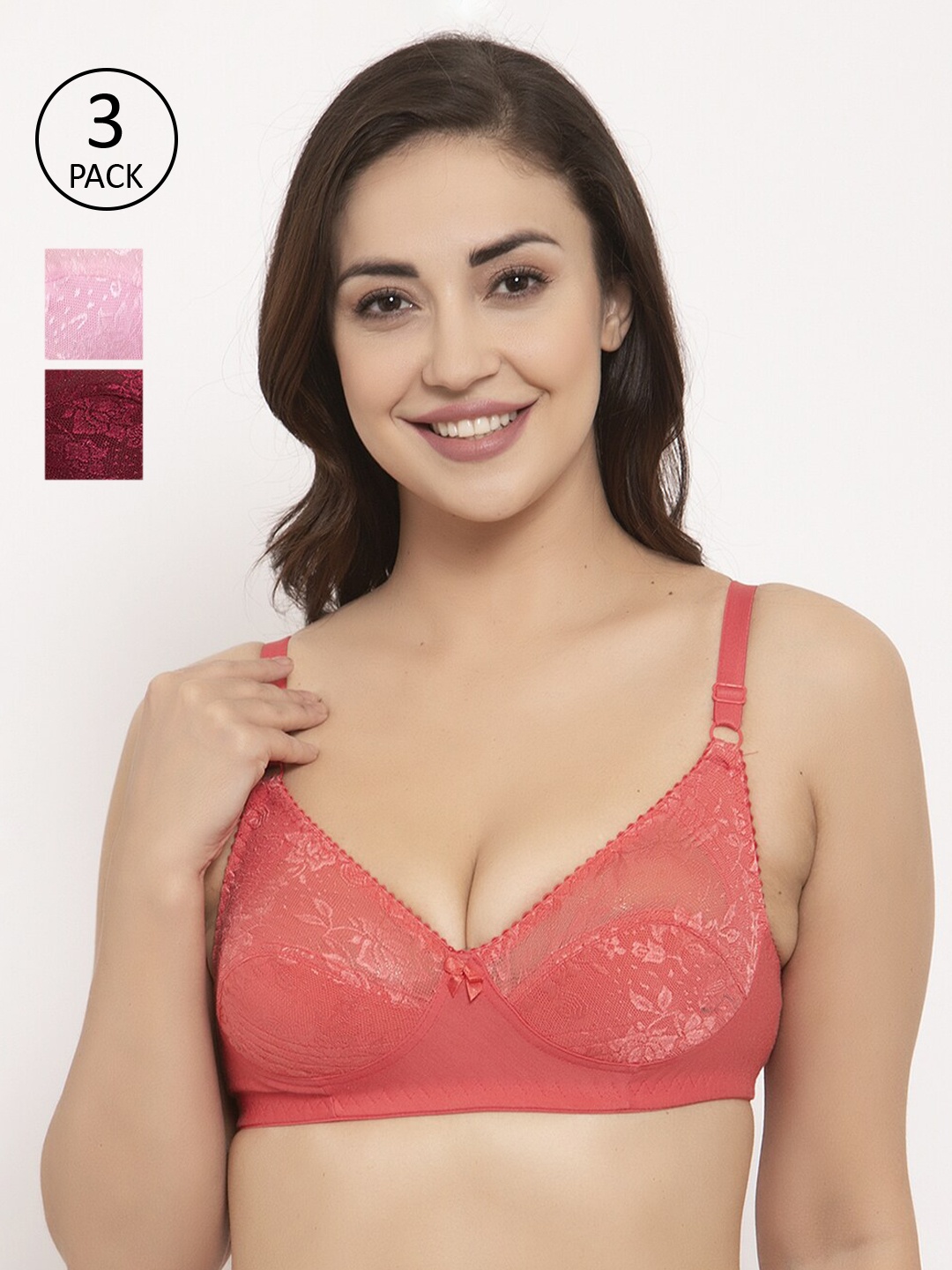 

GRACIT Pack Of 3 Self Design Non-Wired Non Padded Balconette Bra, Pink
