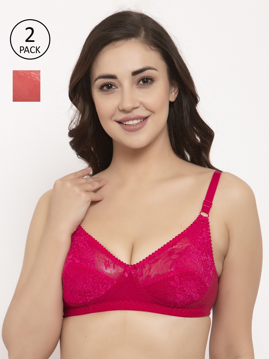 

GRACIT Pack Of 2 Self Design Non-Wired Non Padded Balconette Bra, Pink