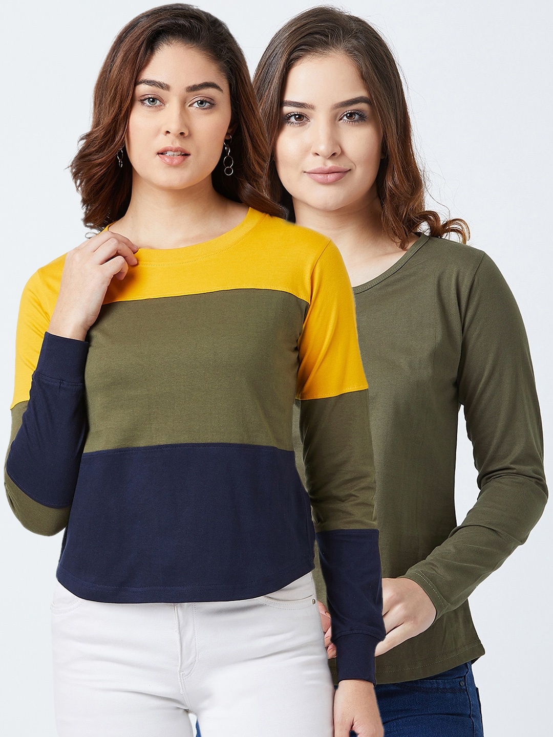 

The Dry State Women Pack Of 2 Slim Fit Round Neck T-shirts, Olive