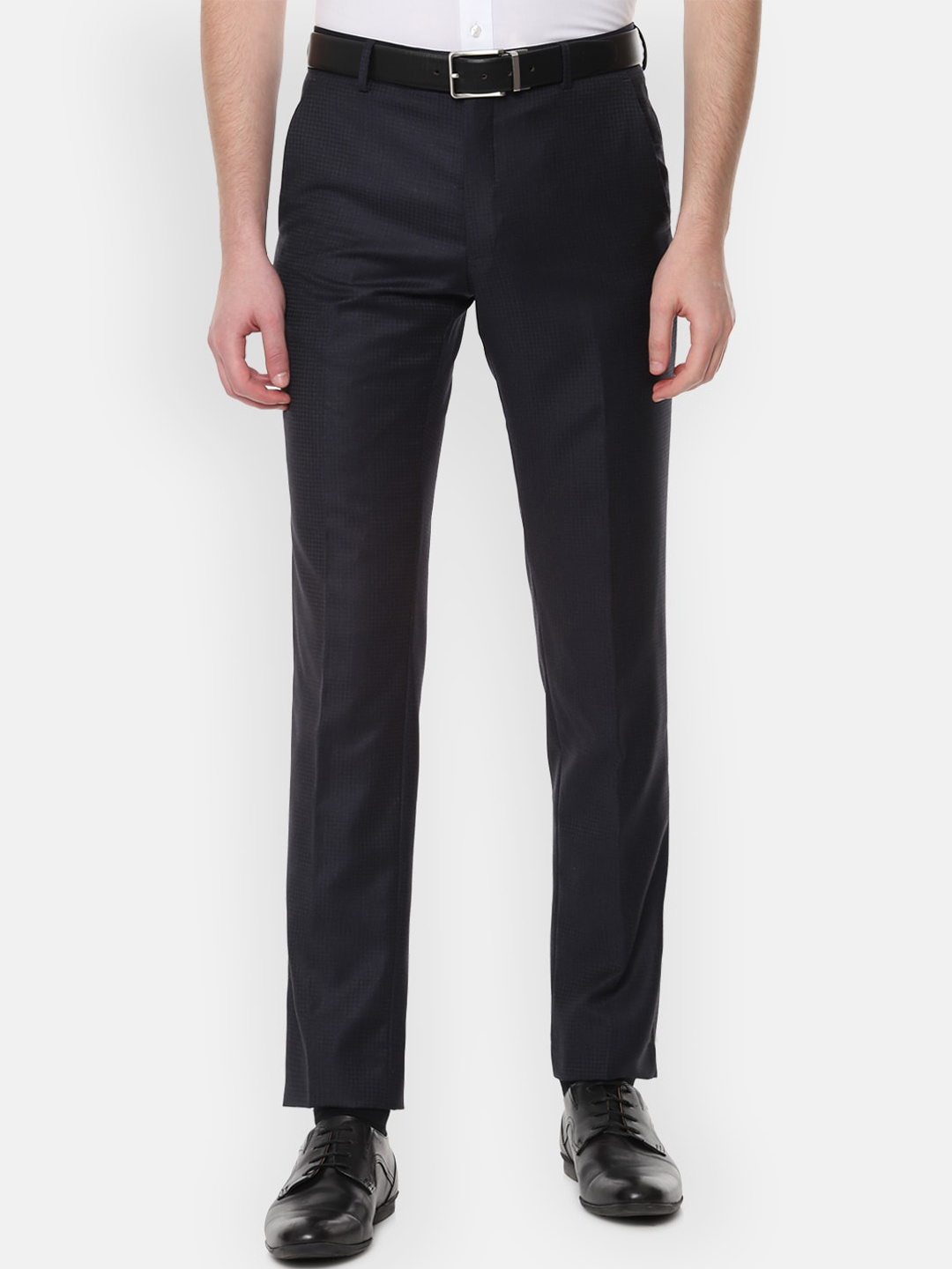

Van Heusen Men Navy Blue Slim Fit Self Checked Woolen Formal Trousers